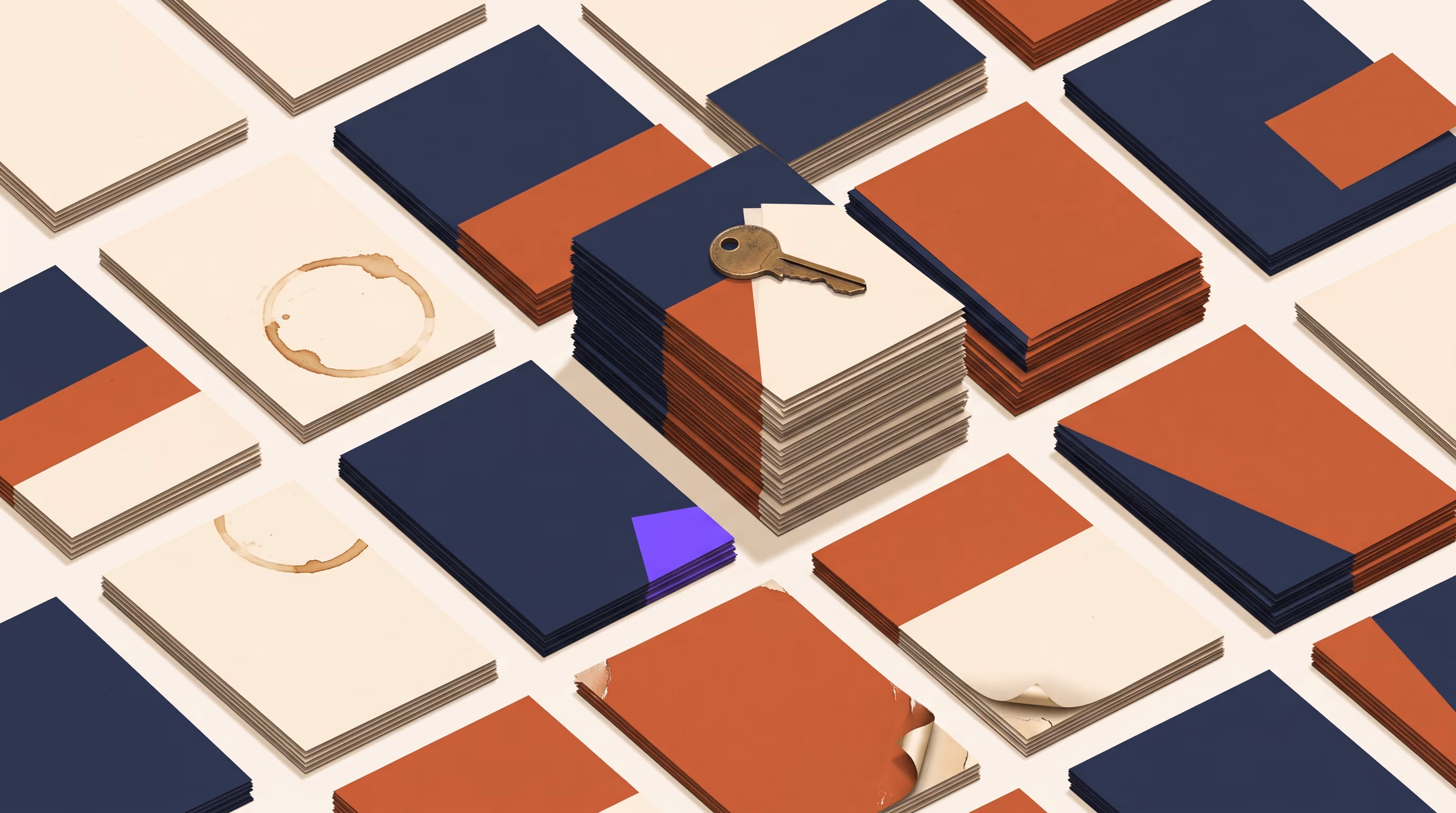 Overhead grid of paper calendar tiles at varying stack heights with a brass key on the thickest stack, coffee rings and a dog-eared edge, in cream, terracotta, and indigo.