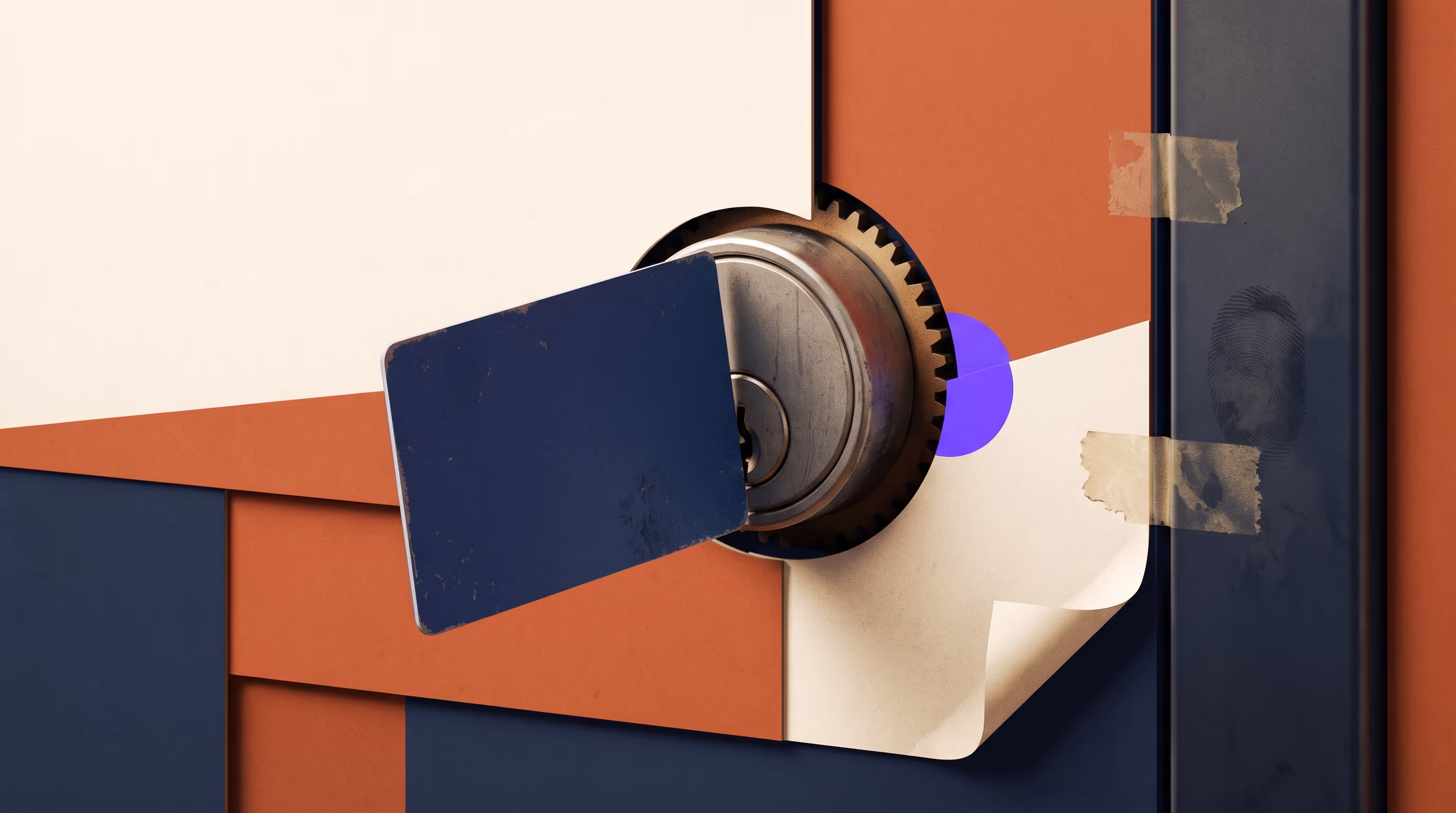 Extreme close-up of a key card jammed halfway into a lock cylinder set in layered cream, terracotta and indigo panels, with tape residue and a peeling paper corner