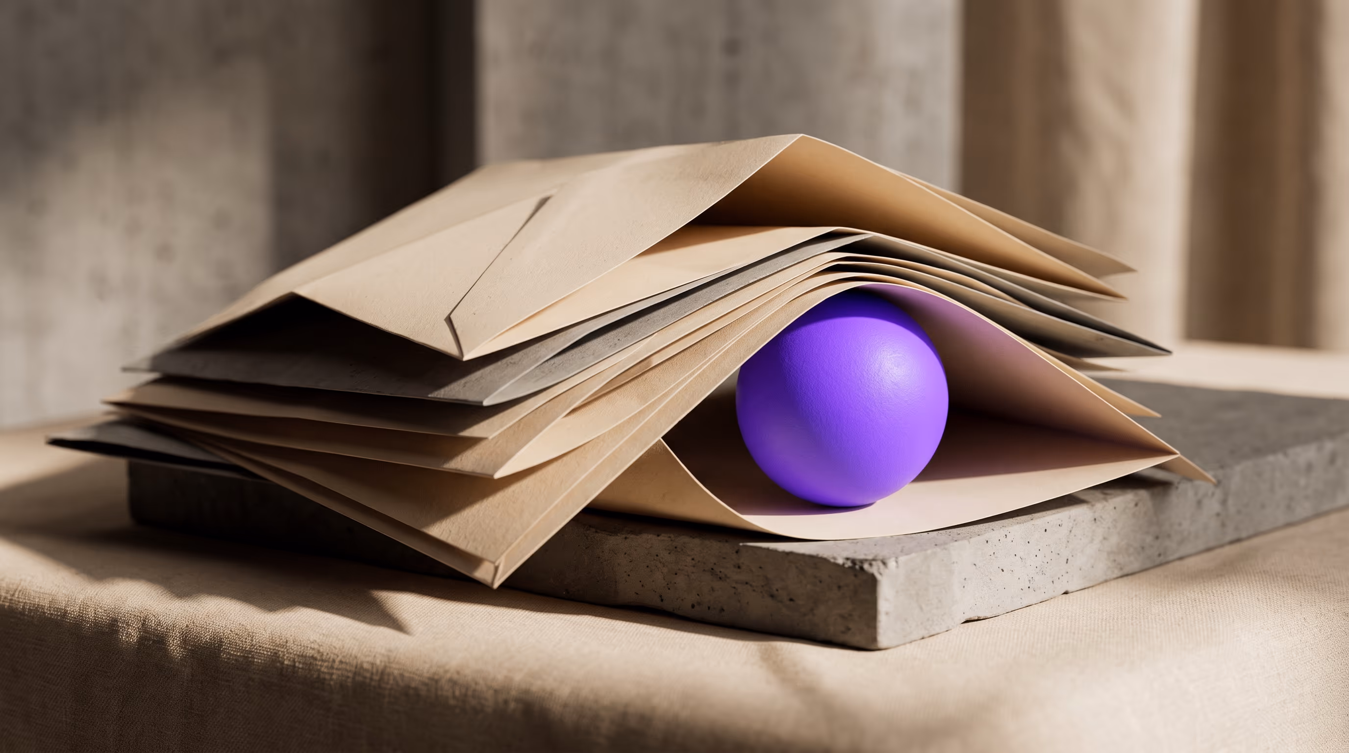 Stacked folded paper documents pressed protectively over a single bright purple sphere under dramatic directional light, representing layered evidence shielding a payout.