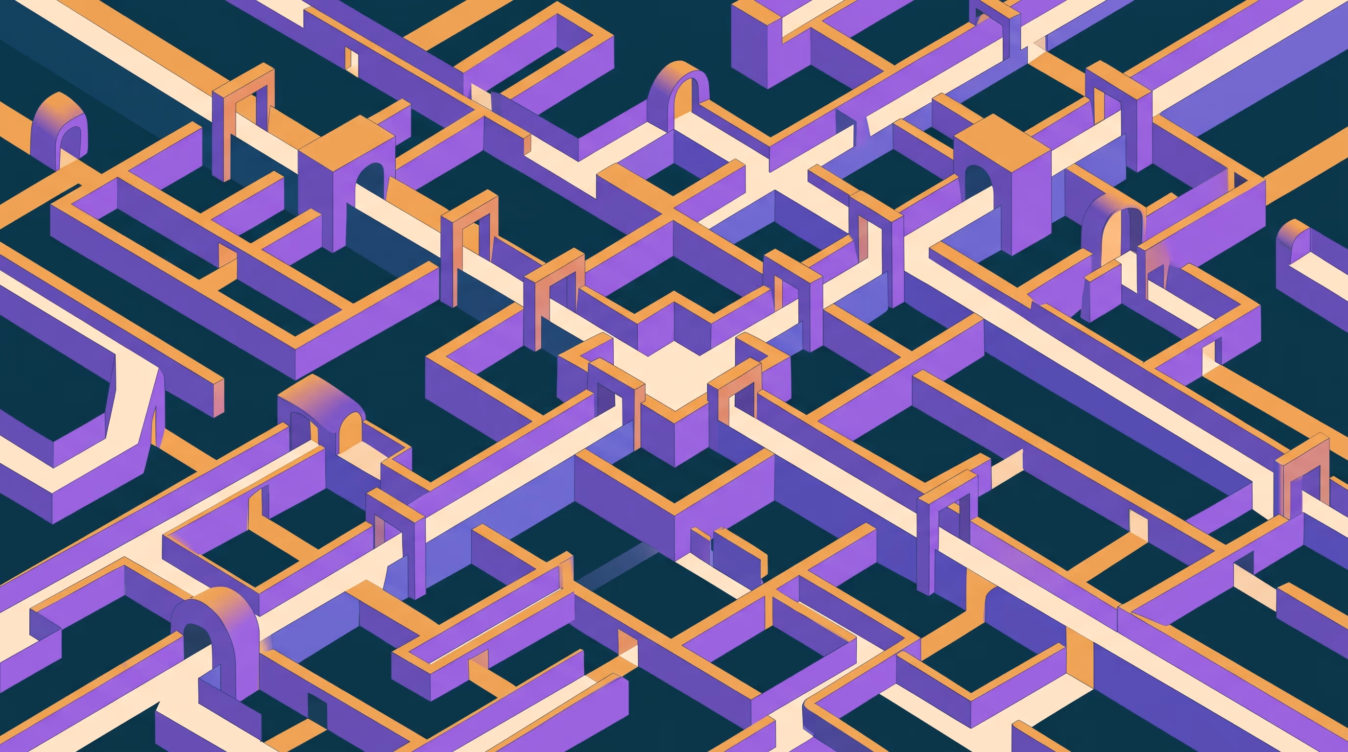 An isometric network of interlocking corridors, arches and small vaults in teal, purple and amber channeling flows toward a central protected junction, representing payment routing and dispute paths.