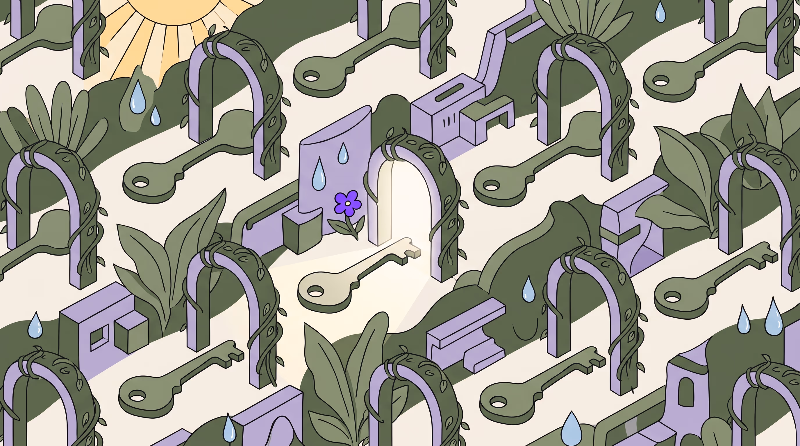 Isometric pattern of vine-wrapped archways in sage and lavender, keys passing through each gate, one glowing arch admitting a single key beside a purple bloom.