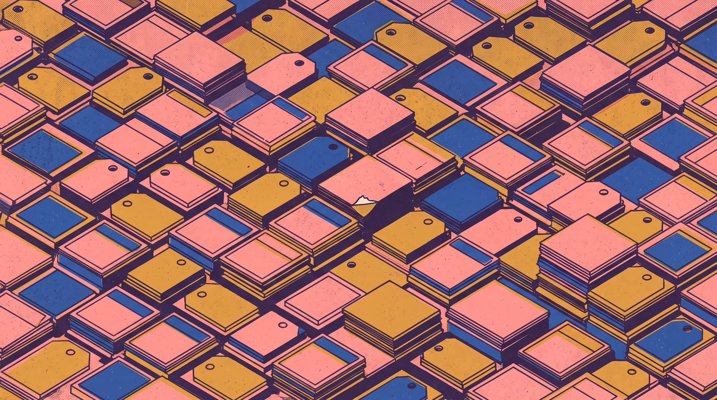 Overhead risograph field of stacked paper calendar blocks and luggage tags in pink, cobalt and mustard, ink layers slightly misregistered, one corner torn