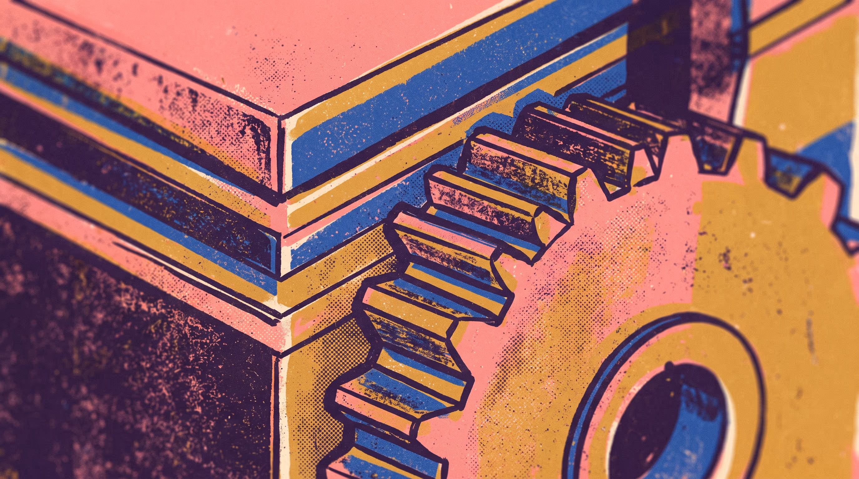 Isometric machine of stacked architectural blocks and interlocking gears in teal, purple, and amber, with a tall central tower as the focal point.