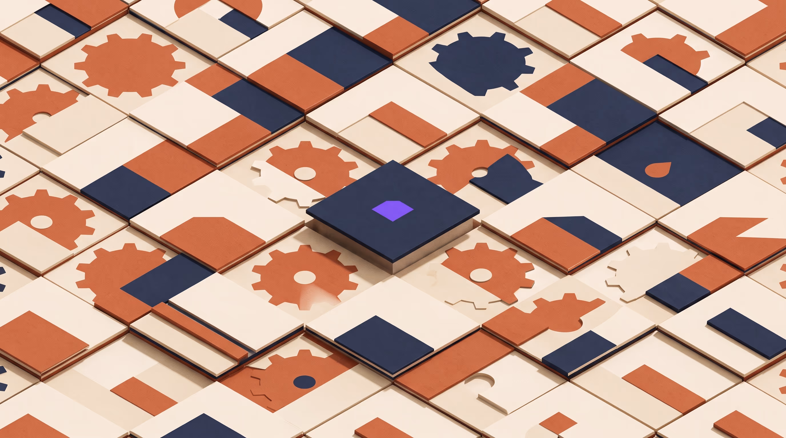 Overhead editorial-collage grid of geometric panels and gears in cream, terracotta, and indigo, with one central panel carrying a small bright-purple accent shape.