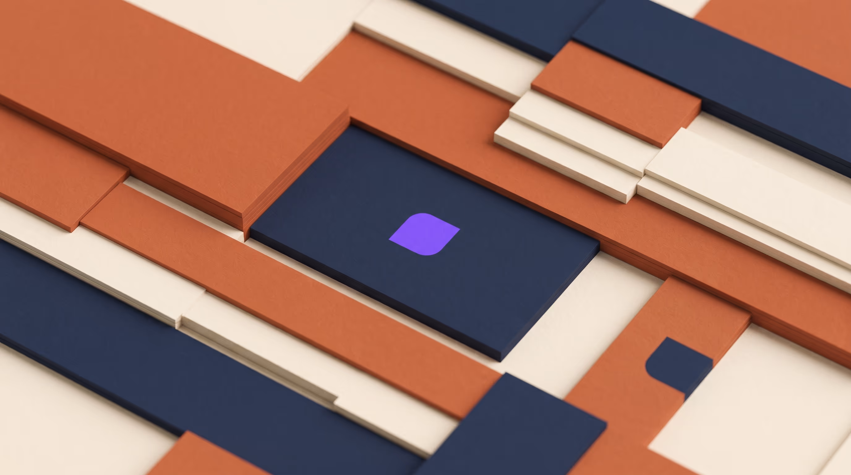 Layered architectural panels of varying widths in cream, terracotta and indigo, one block highlighted with a small purple accent, representing nights of different length stacked on a calendar.