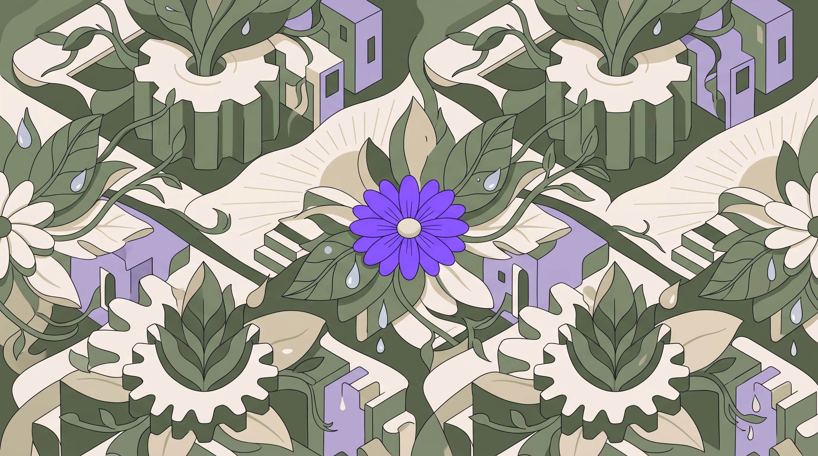 Organic gear-shaped blooms and layered leaves in sage and cream forming a repeating pattern, one bright purple flower at the center, representing coordinated rules working in rhythm across a calendar.