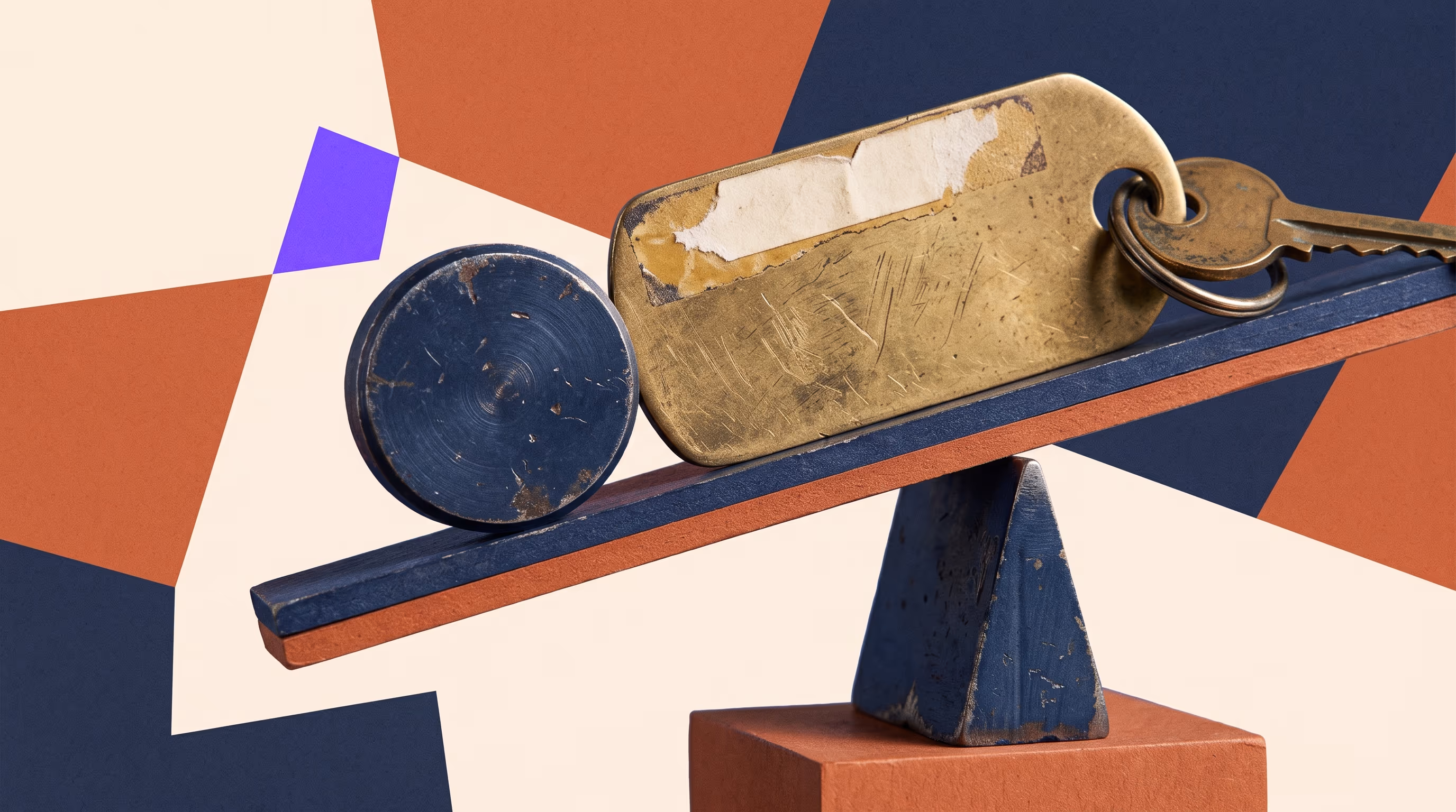 Overlapping cream, terracotta and indigo panels around a tilted beam balancing a worn weight against a scratched brass key fob