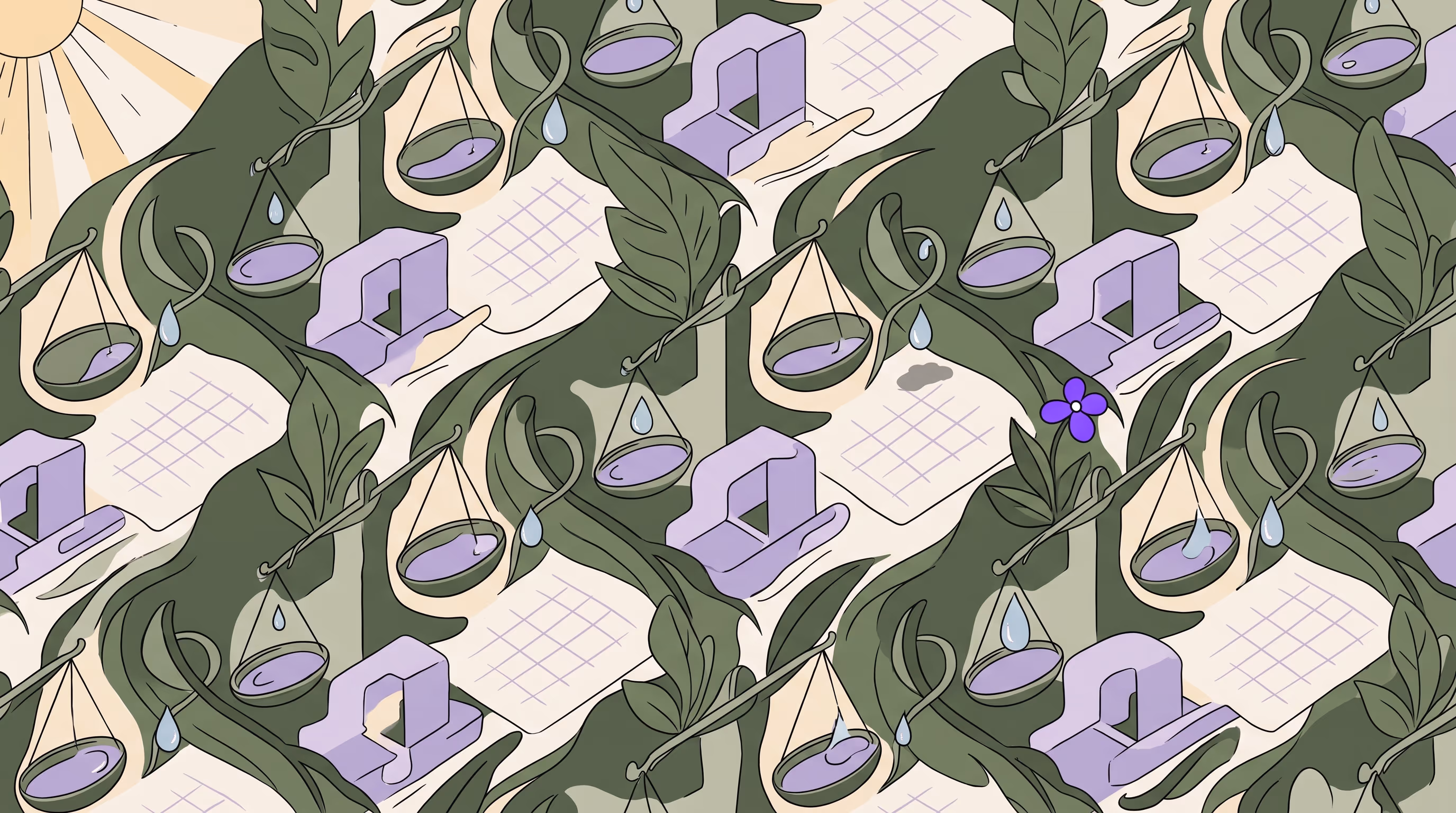 Overhead pattern of tilted sage and lavender balance pans, calendar grids and droplets slipping between them, with one purple bloom
