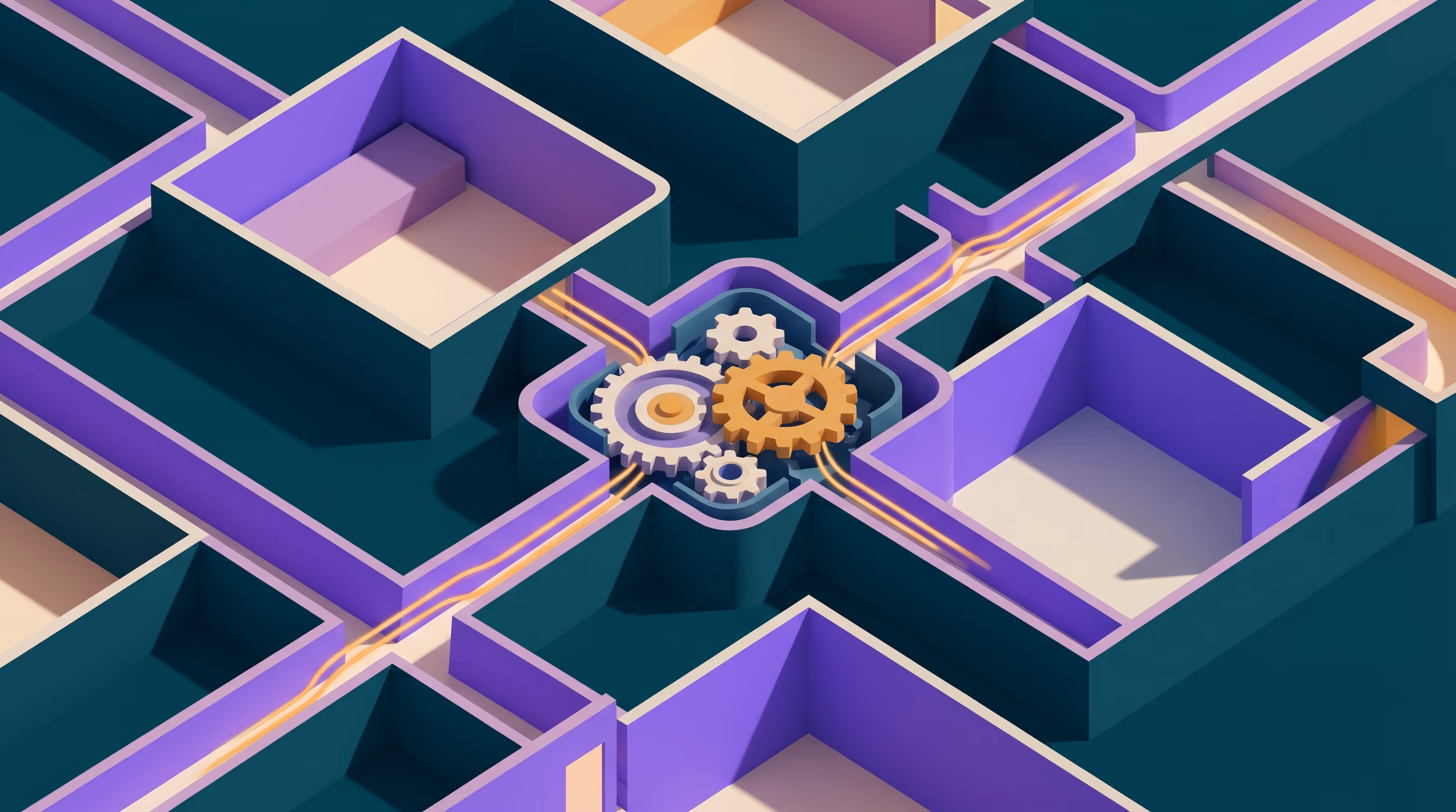 Isometric purple corridors and rooms feeding into a single interlocking gear junction with amber signal lines, representing the back-and-forth of guest reviews and host replies.