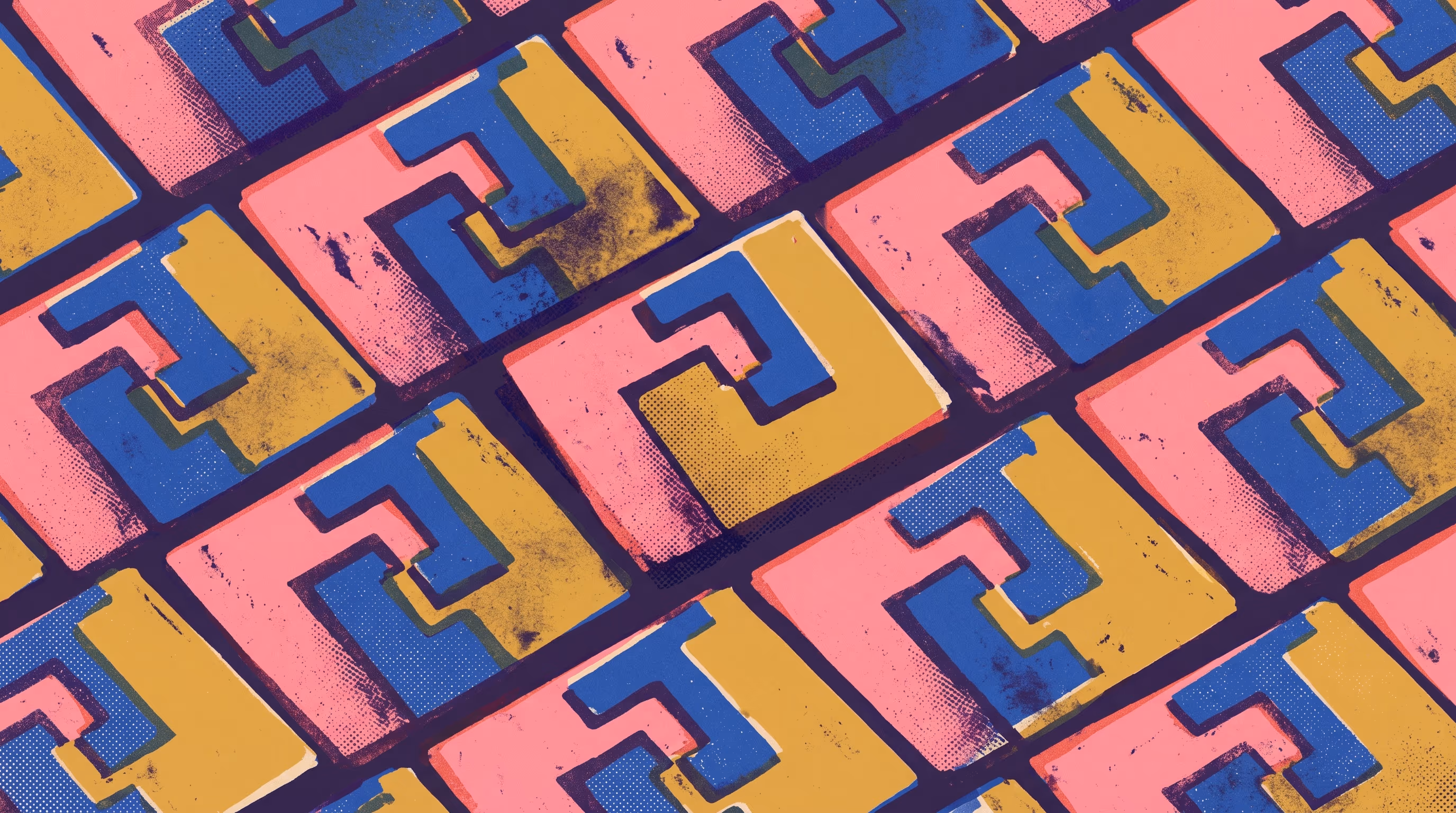 Overhead risograph pattern of interlocking pink, cobalt, and mustard reply-and-response shapes with grainy print texture, suggesting many guest reviews answered in a consistent rhythm.