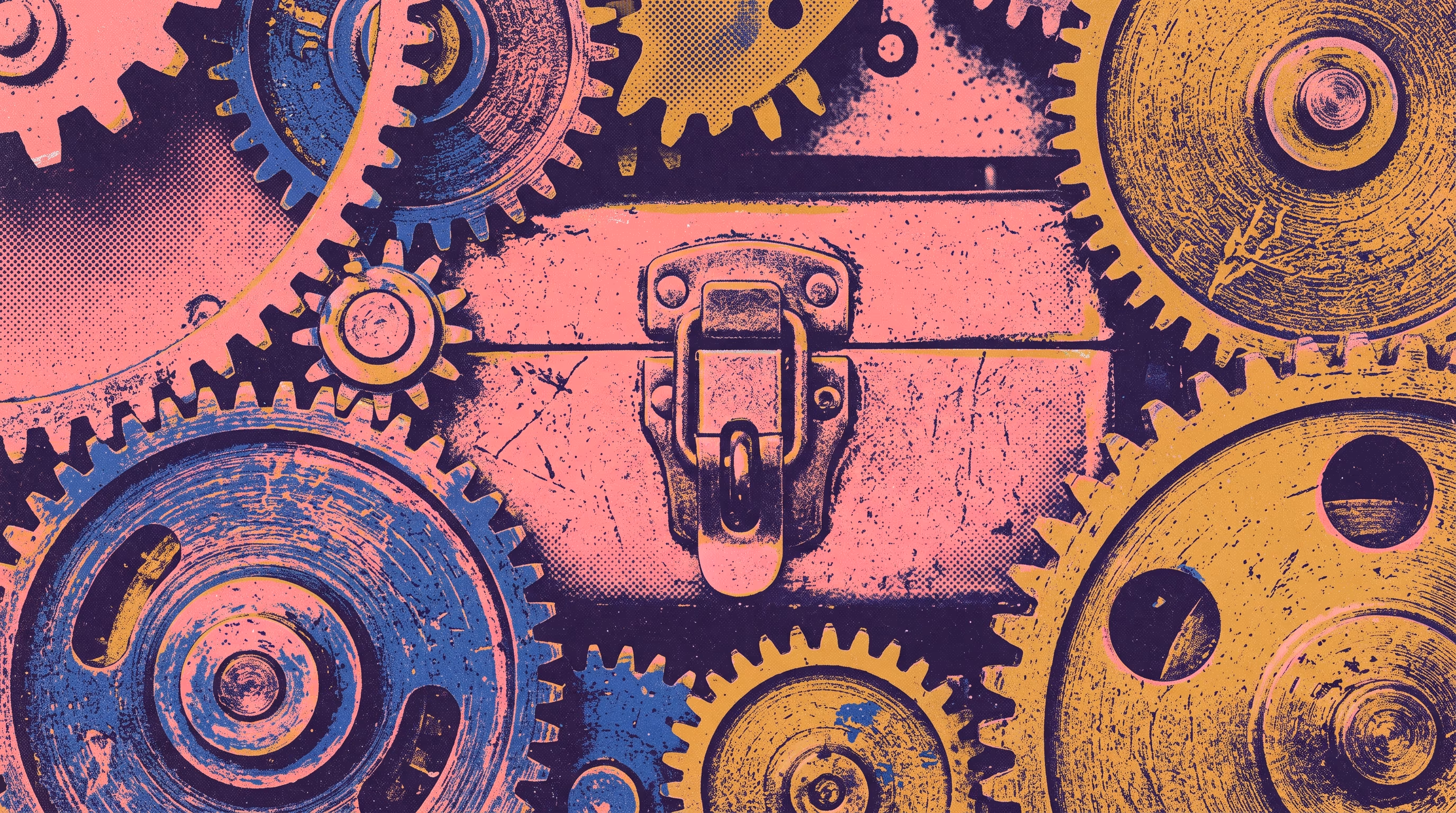 A latched metal strongbox clasp locked shut, surrounded by interlocking gears, in grainy risograph pink, cobalt, and mustard.