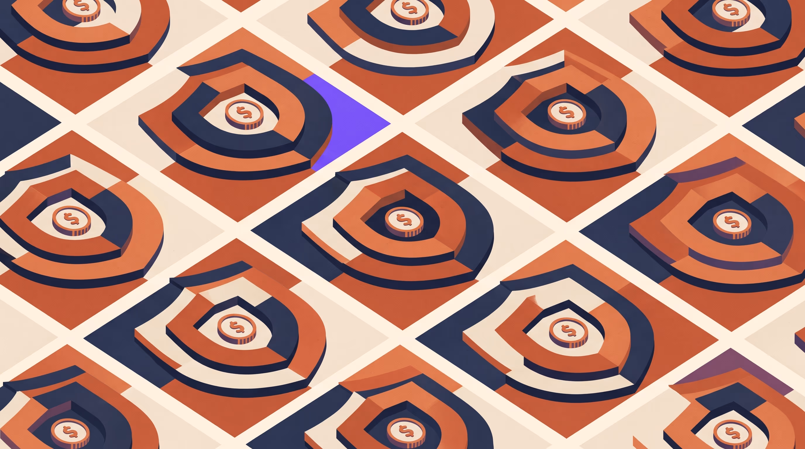 An overhead repeating grid of concentric shield forms in terracotta, indigo, and cream, each shielding a single coin, with one purple accent tile.