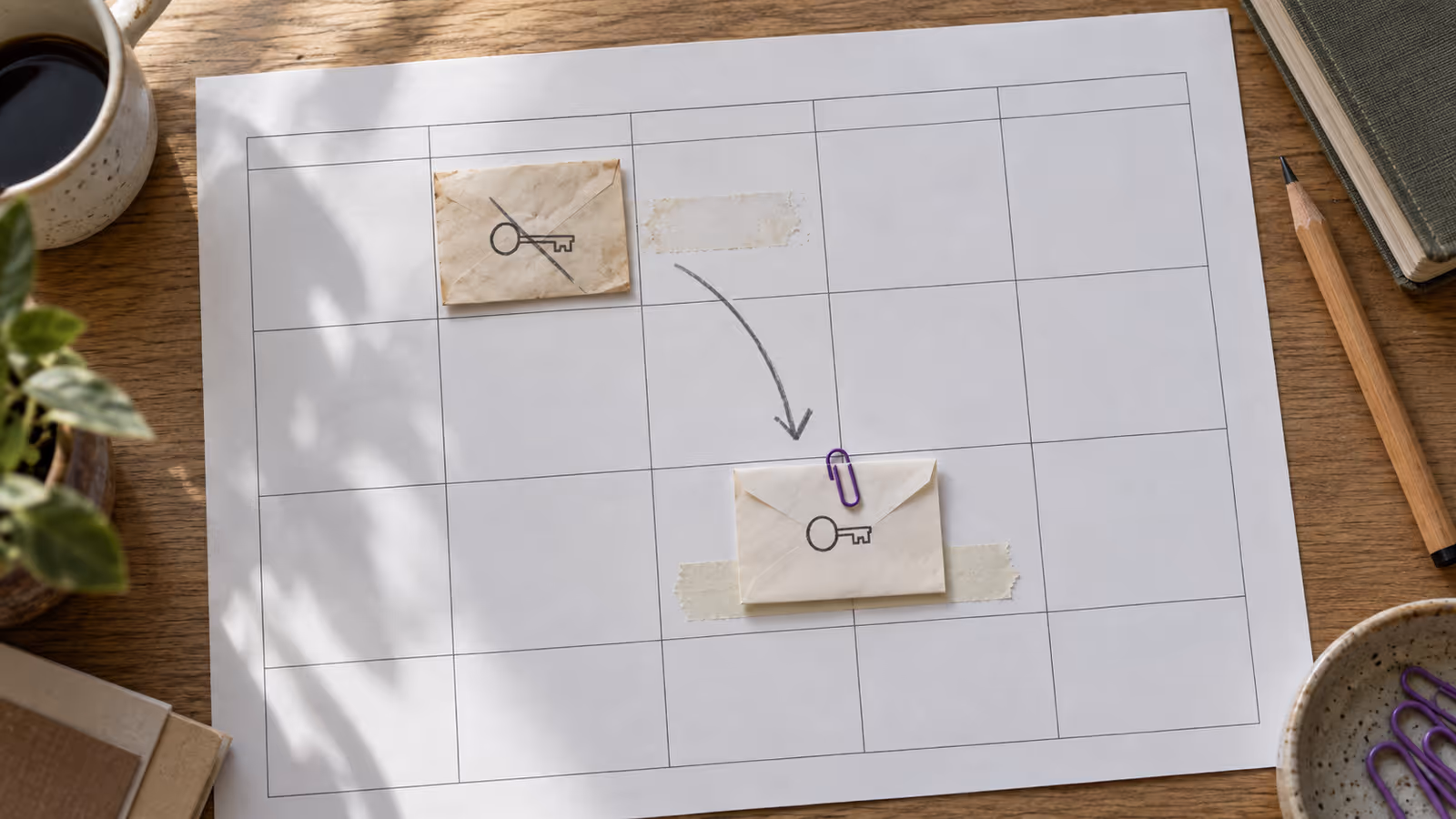 Overhead photo of a paper calendar where a stay's tape marker has been moved one week later, a faded envelope with a crossed-out key at the old position and a fresh envelope with a key clipped at the new position