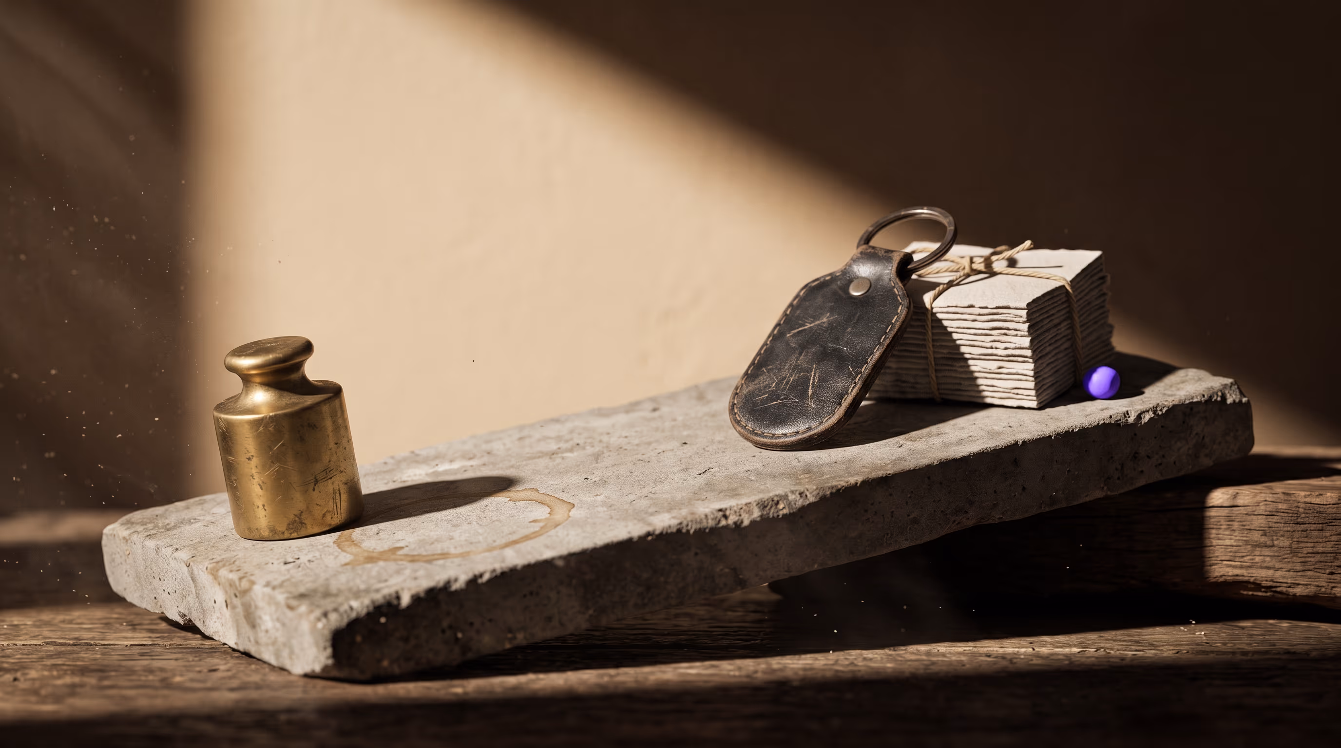 A tarnished brass weight and a scratched leather key fob counterbalanced on a tilted stone plank under raking light