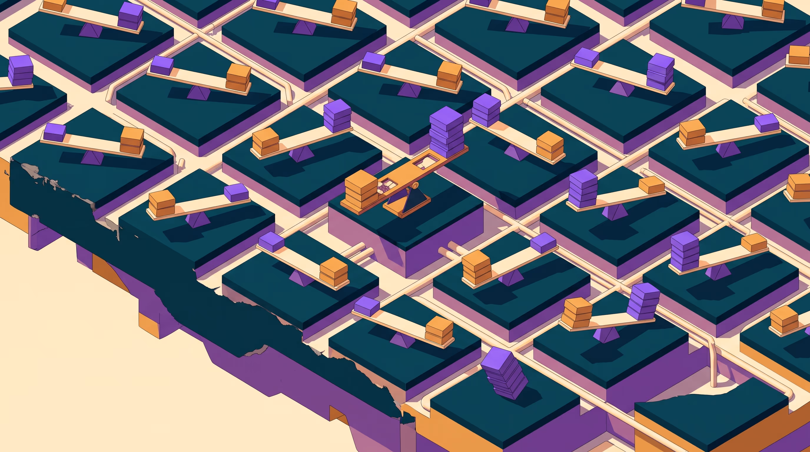 Isometric grid of tilted balance beams with stacked amber and purple blocks across a worn terraced platform