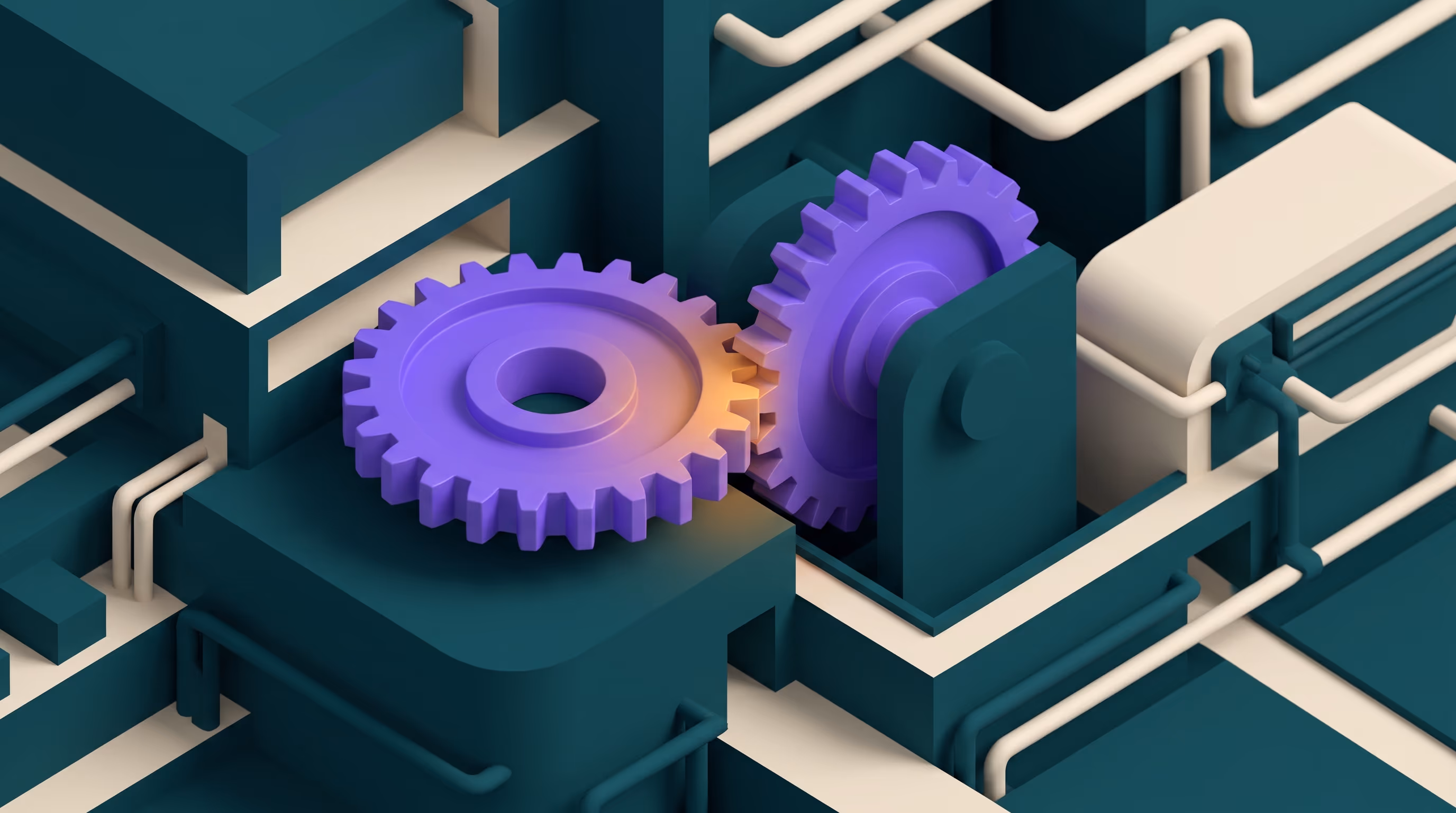 Photographic still-life of interlocking concrete gears with one bright purple gear meshing at the center, representing coordinated co-host responsibilities.