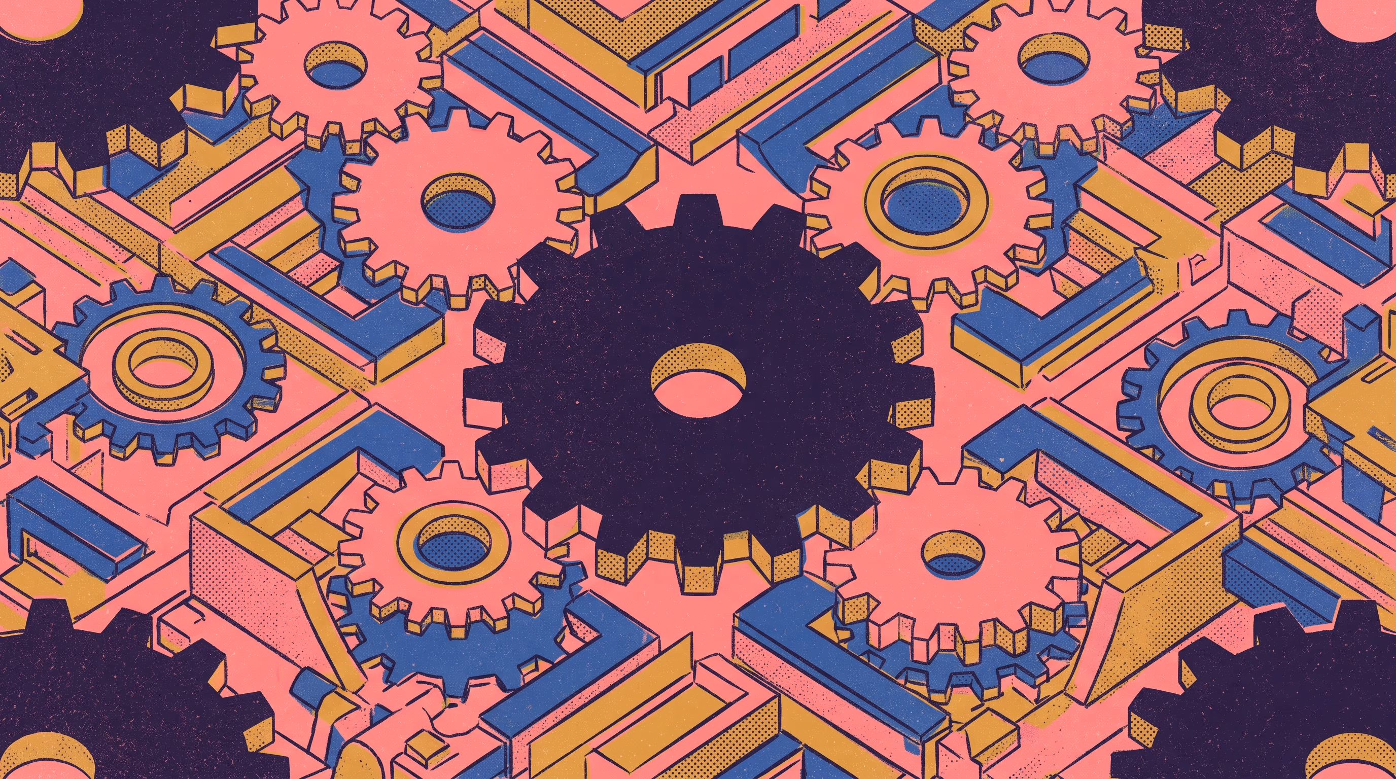 Overhead risograph pattern of meshing cogs in pink, cobalt, and mustard with one dark central gear, representing repeatable automated workflows across multiple units.