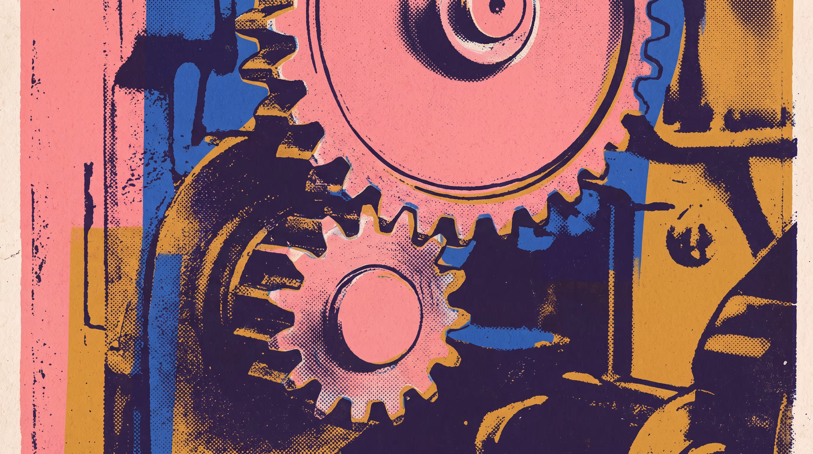 Two interlocking gears meshing at a single close-up tension point, printed in grainy pink, cobalt and mustard with visible ink-registration offset, representing regulation locking into daily hosting.