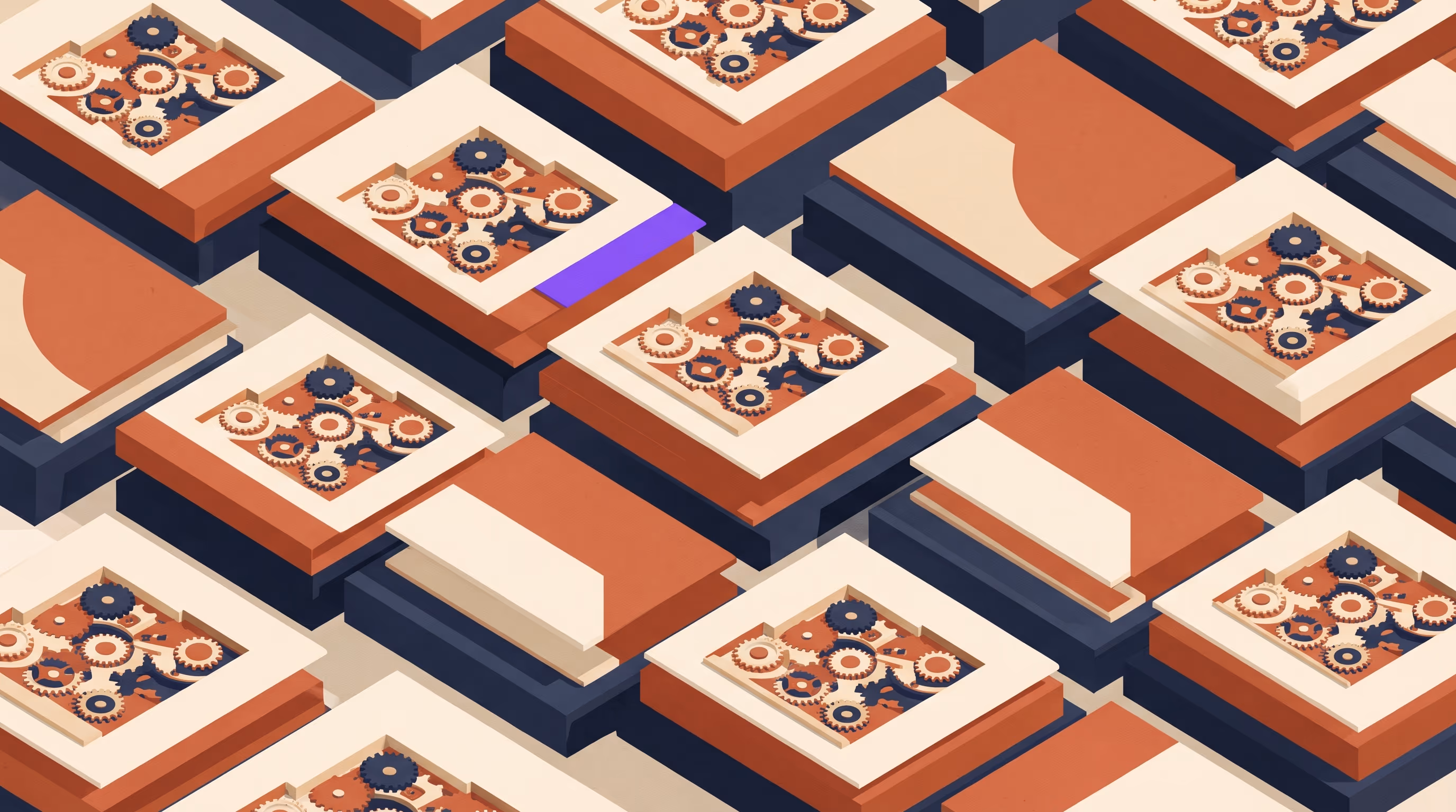 An overhead grid of layered architectural tiles in cream, terracotta and indigo, each tile a small choreographed cluster of gears, with a single bright purple slab breaking the pattern — regulatory layers repeating across a market.