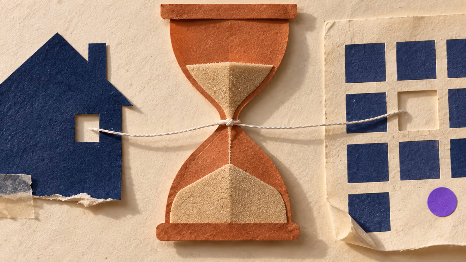 Paper collage of a house shape tied by a thread through a terracotta sand-timer to a calendar panel with one open square