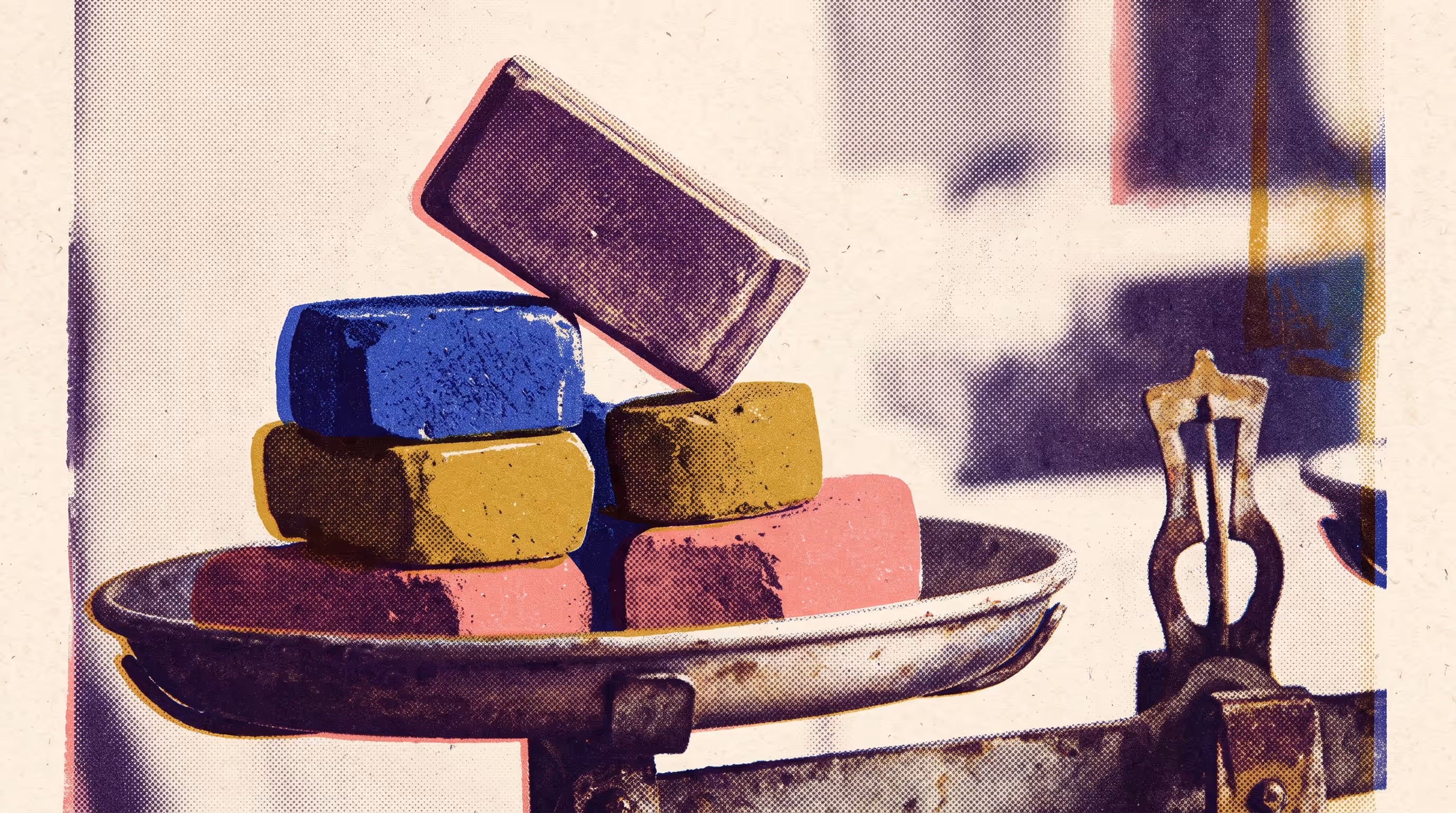 Weighted geometric blocks in blue, mustard, and pink stacked on the pan of a worn kitchen scale, printed in grainy risograph ink with visible registration offset, representing the trade-off of pricing a launch listing.