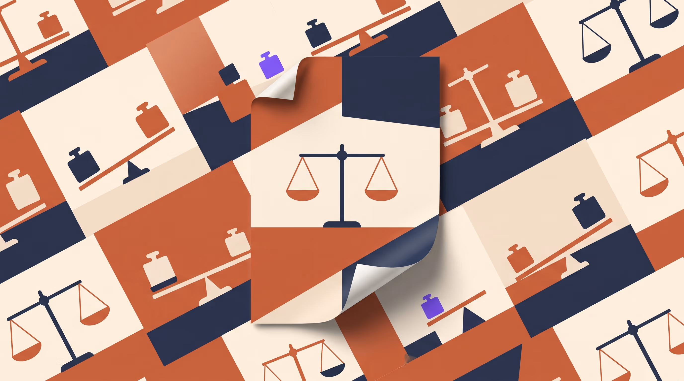 Overhead editorial-collage pattern of small balance scales and weights tilting at different angles in cream, terracotta, and indigo, with one level scale on a peeling paper panel at the center, representing benchmarking a listing against many comparables.