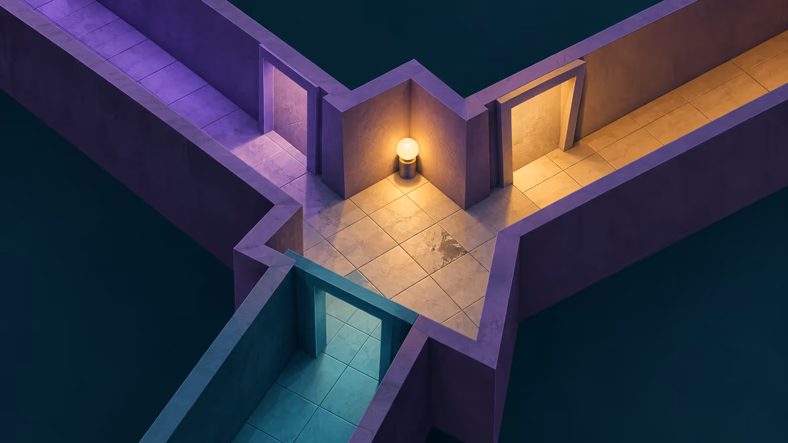 Three coloured isometric corridors in purple, amber, and teal converging into one tiled room lit by a single lamp