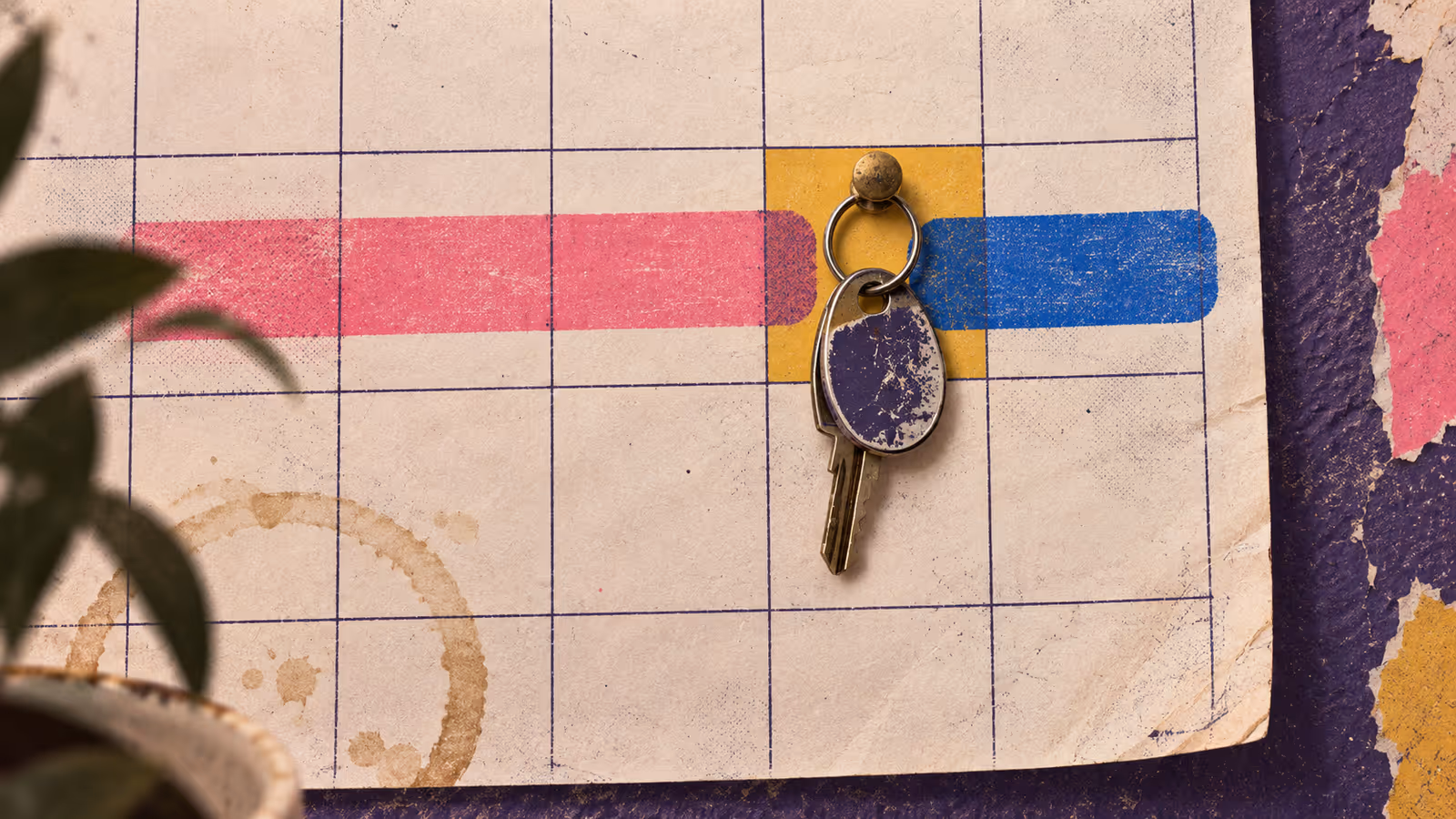 Risograph print of a paper calendar grid where a pink stay and a blue stay meet on one mustard day square, with a worn key hanging on the shared day