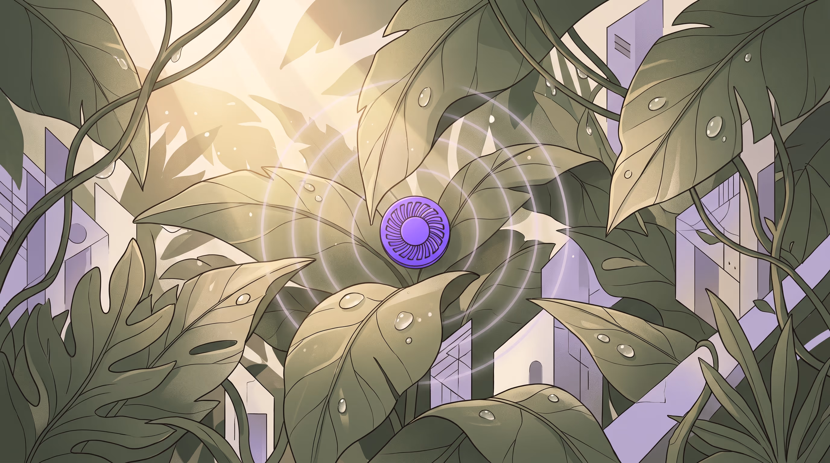 A single purple sensor bloom nested among sage-green leaves with faint concentric ripples spreading outward through the foliage, botanical surreal illustration.