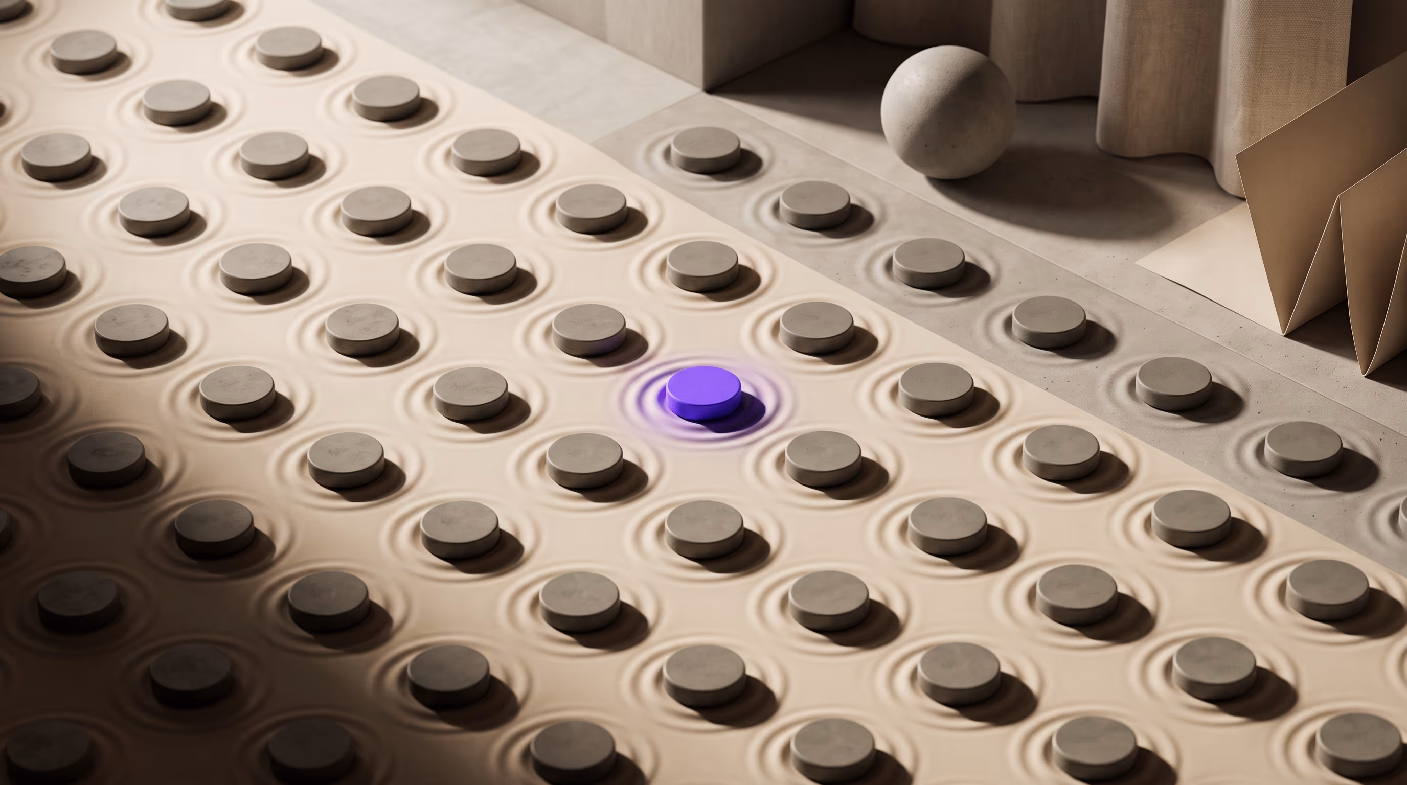 An elevated oblique view of a repeating grid of sculptural concrete disc sensors, each set in a rippled recess, with one glowing purple disc as the focal point, photorealistic still life.