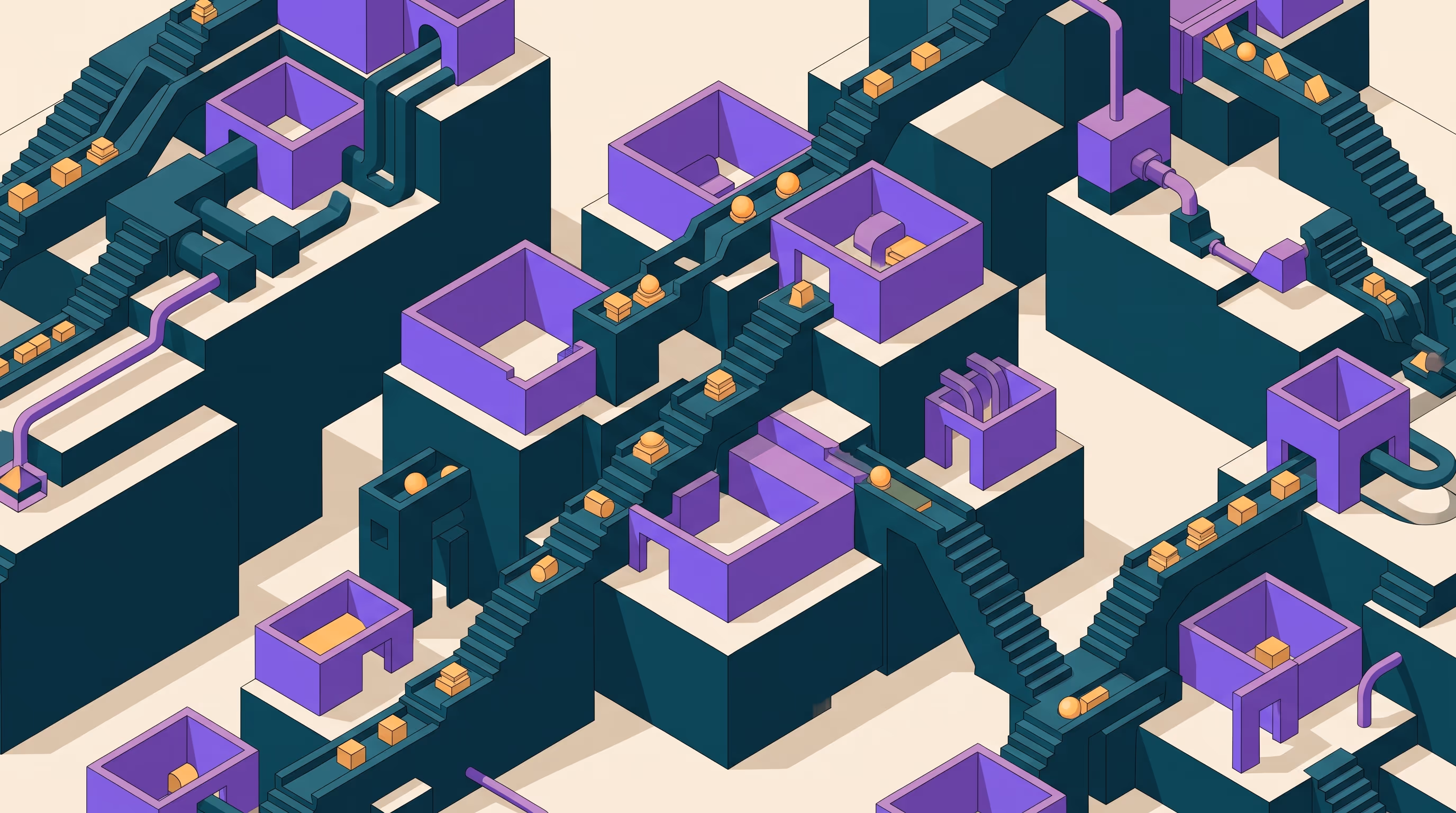 An isometric network of teal rooms and stairways carrying amber packages upward through repeating purple-accented tiers, representing value flowing steadily through a well-run operation.