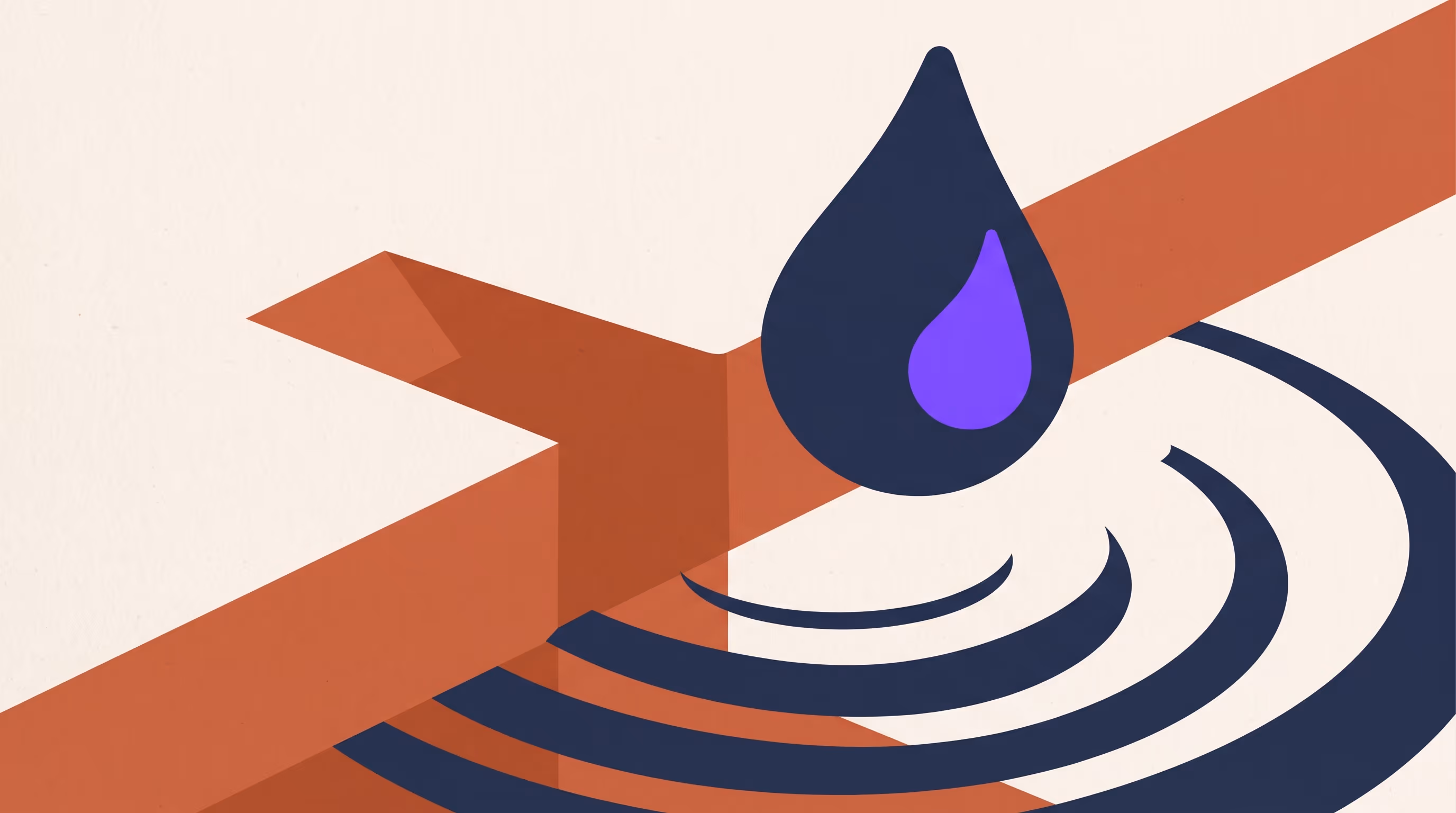 A single indigo water droplet poised above concentric ripples, cut across by a terracotta diagonal panel in a flat editorial-collage style.