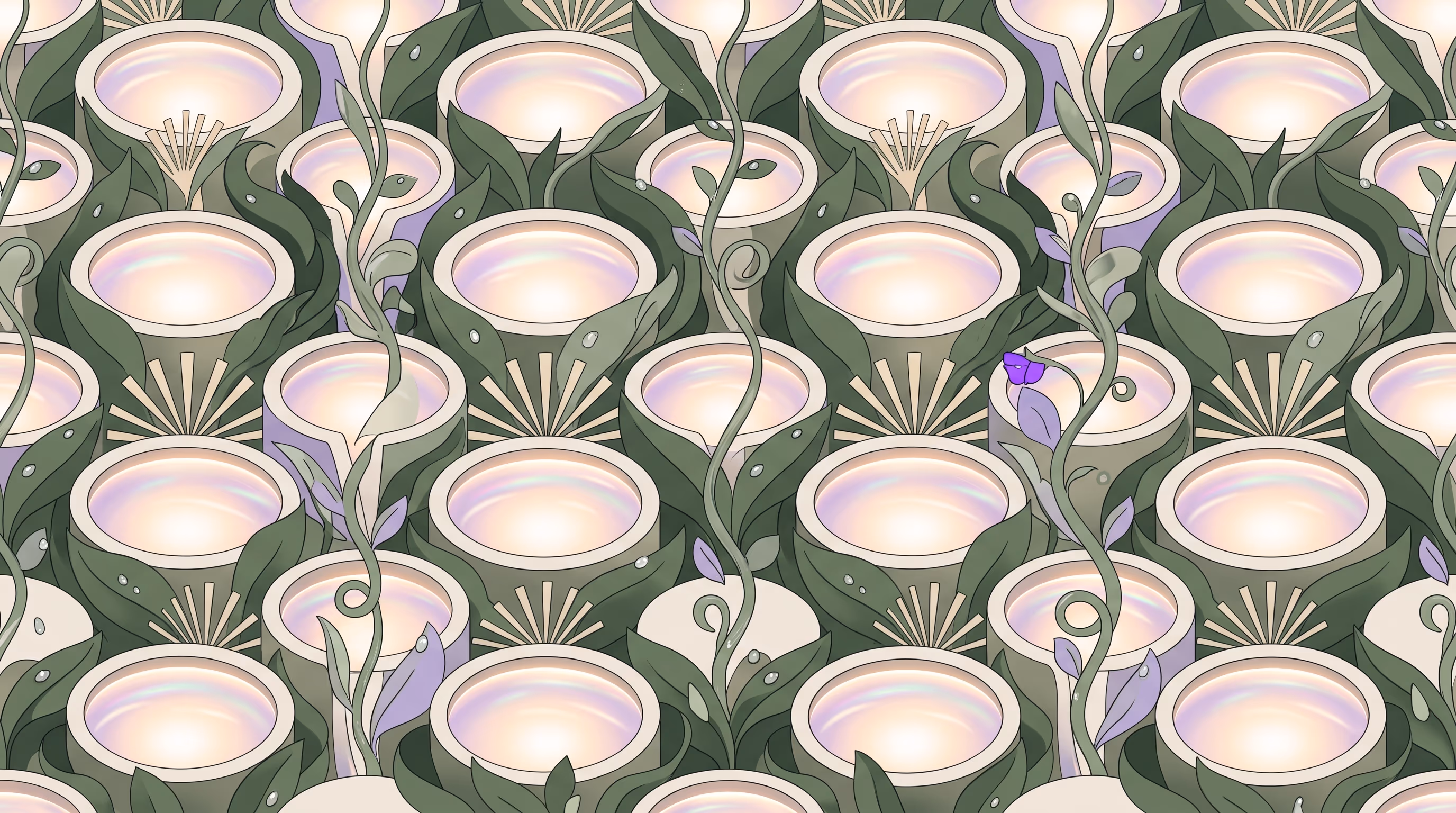 An overhead repeating pattern of glowing circular pool basins woven with sage leaves, climbing vines, and sun-ray fans, with one small purple bloom, in a warm botanical-surreal illustration.