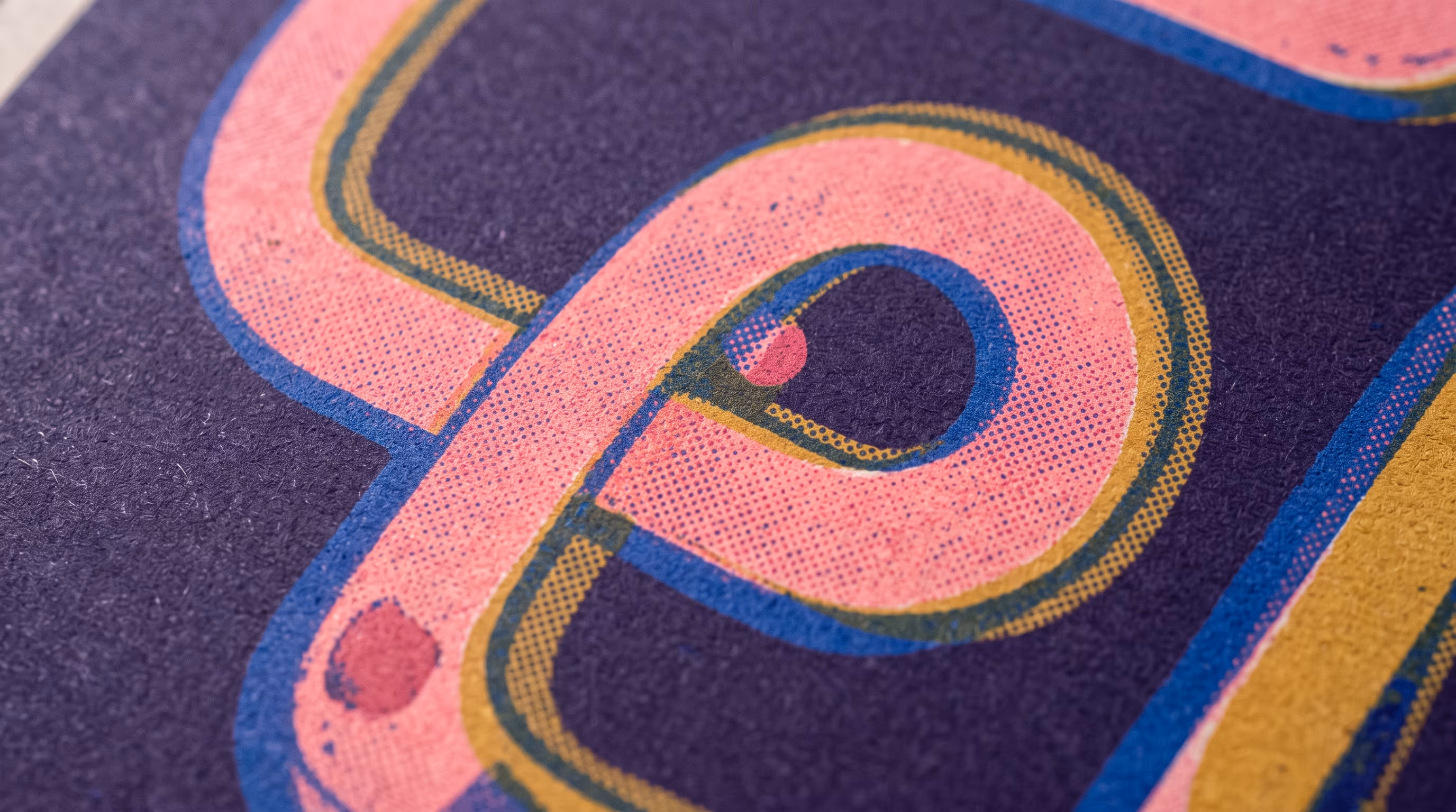 A pink ribbon path doubling back on itself and looping around a single origin point, printed in halftone dots with visible ink registration offset.