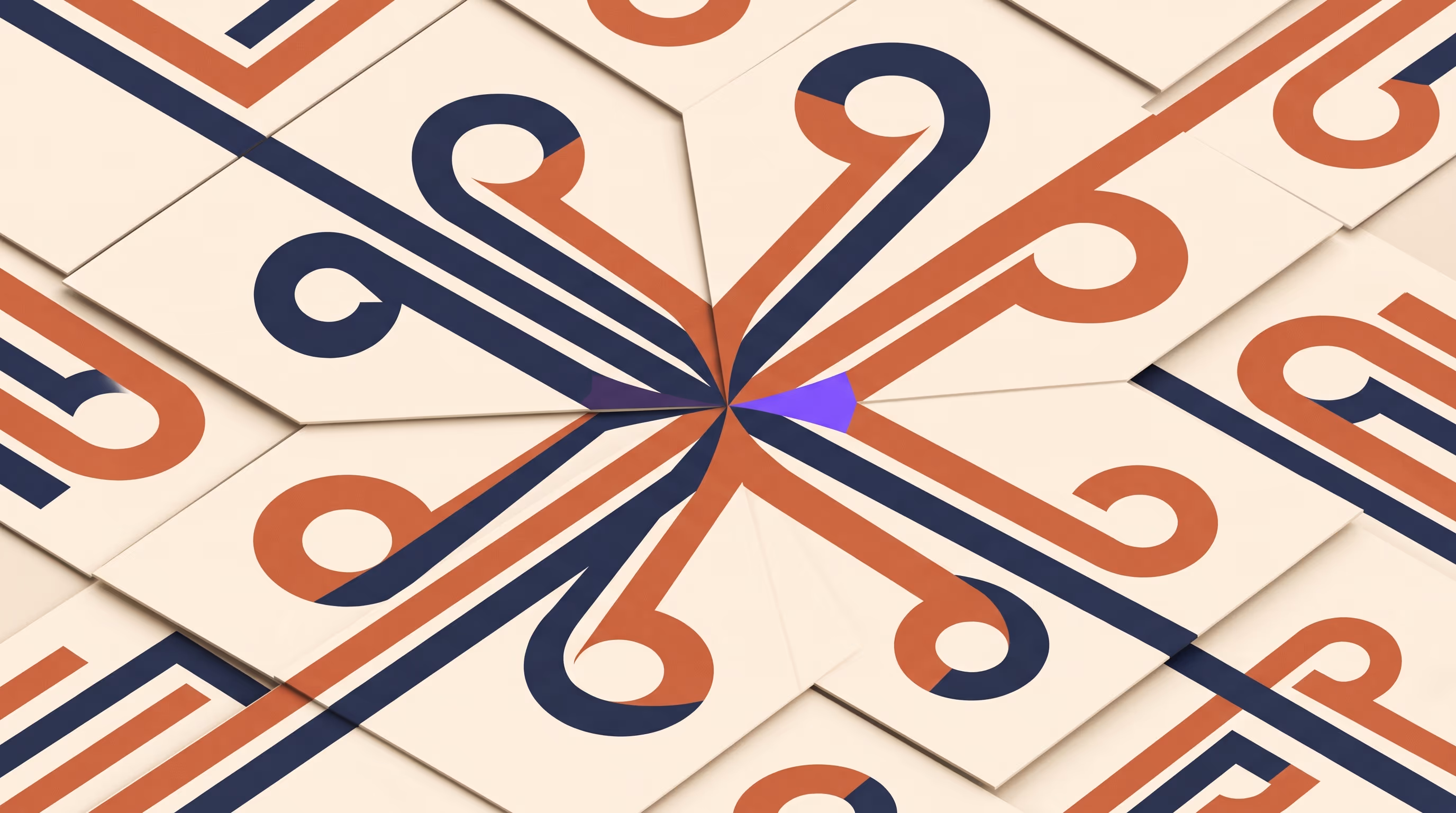 Overlapping cream paper panels with terracotta and indigo curved paths that all radiate out and loop back to one shared central point, flat editorial-collage style.
