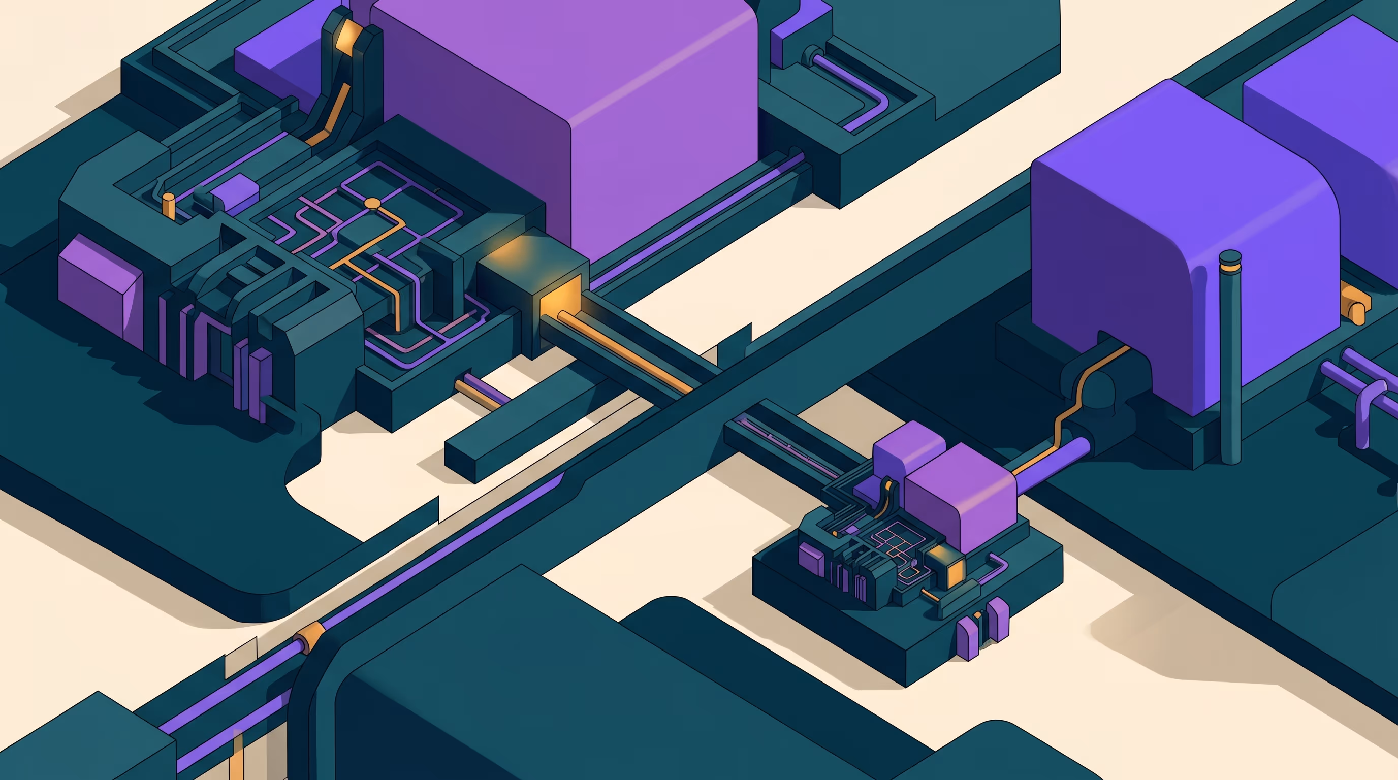 Isometric teal and purple architectural structures of contrasting scale connected by corridors, representing two property tools built around different core engines.