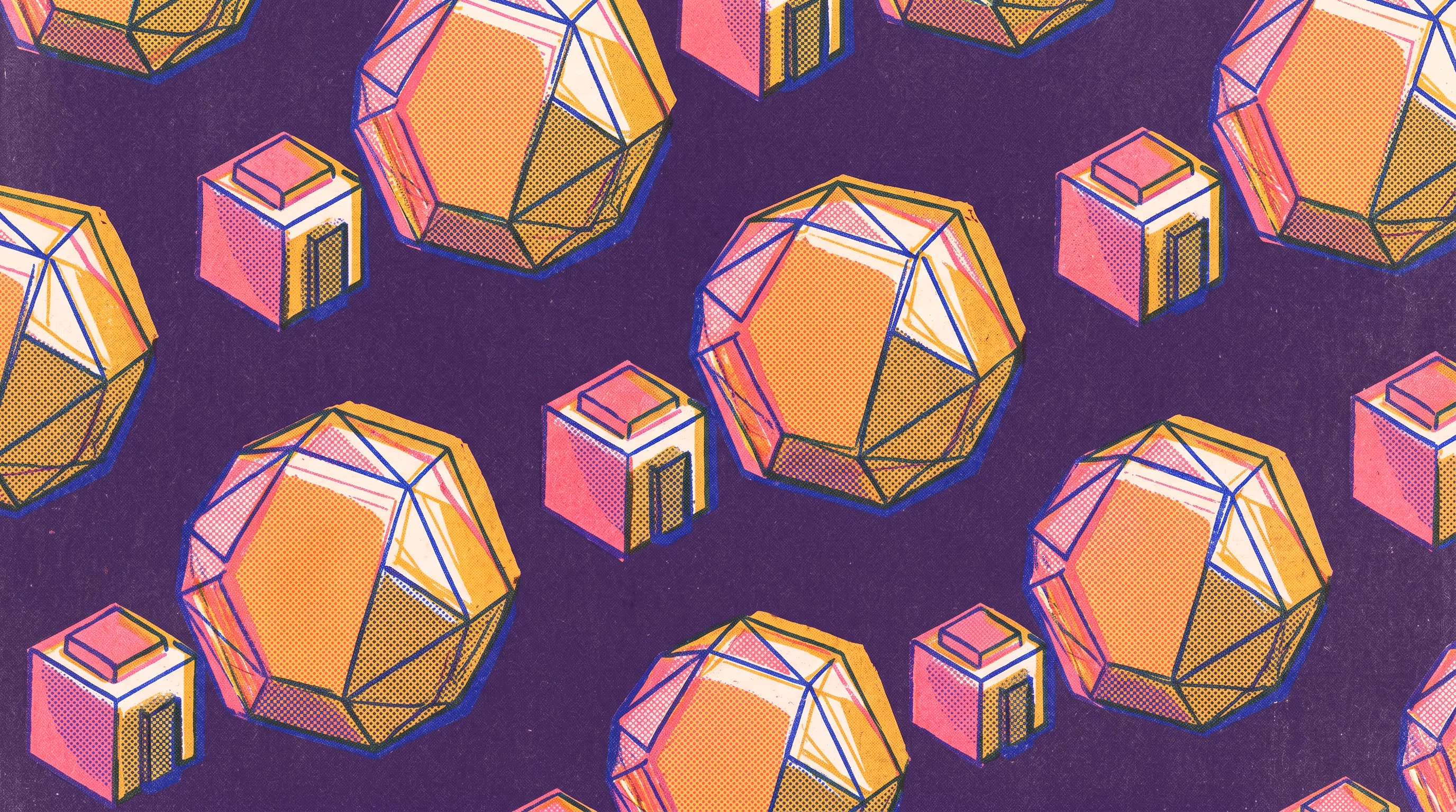 Risograph-style repeating pattern of paired faceted and cubic forms in pink, mustard, and deep purple, representing the same trade-off repeating across units and channels.