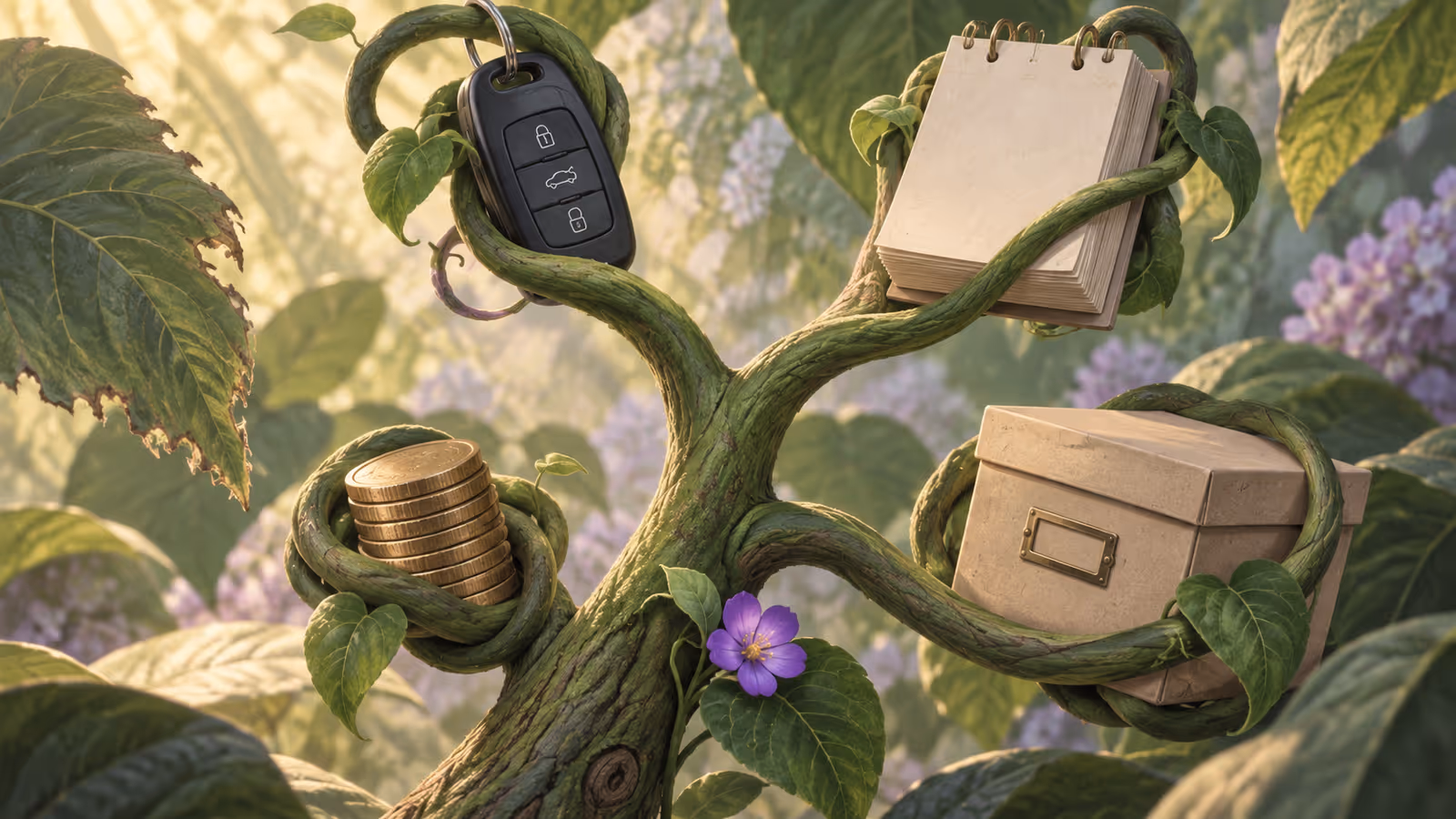 Four vine tendrils branching from one stem, each wrapped around a key fob, a paper calendar block, a stack of coins, and an archive box