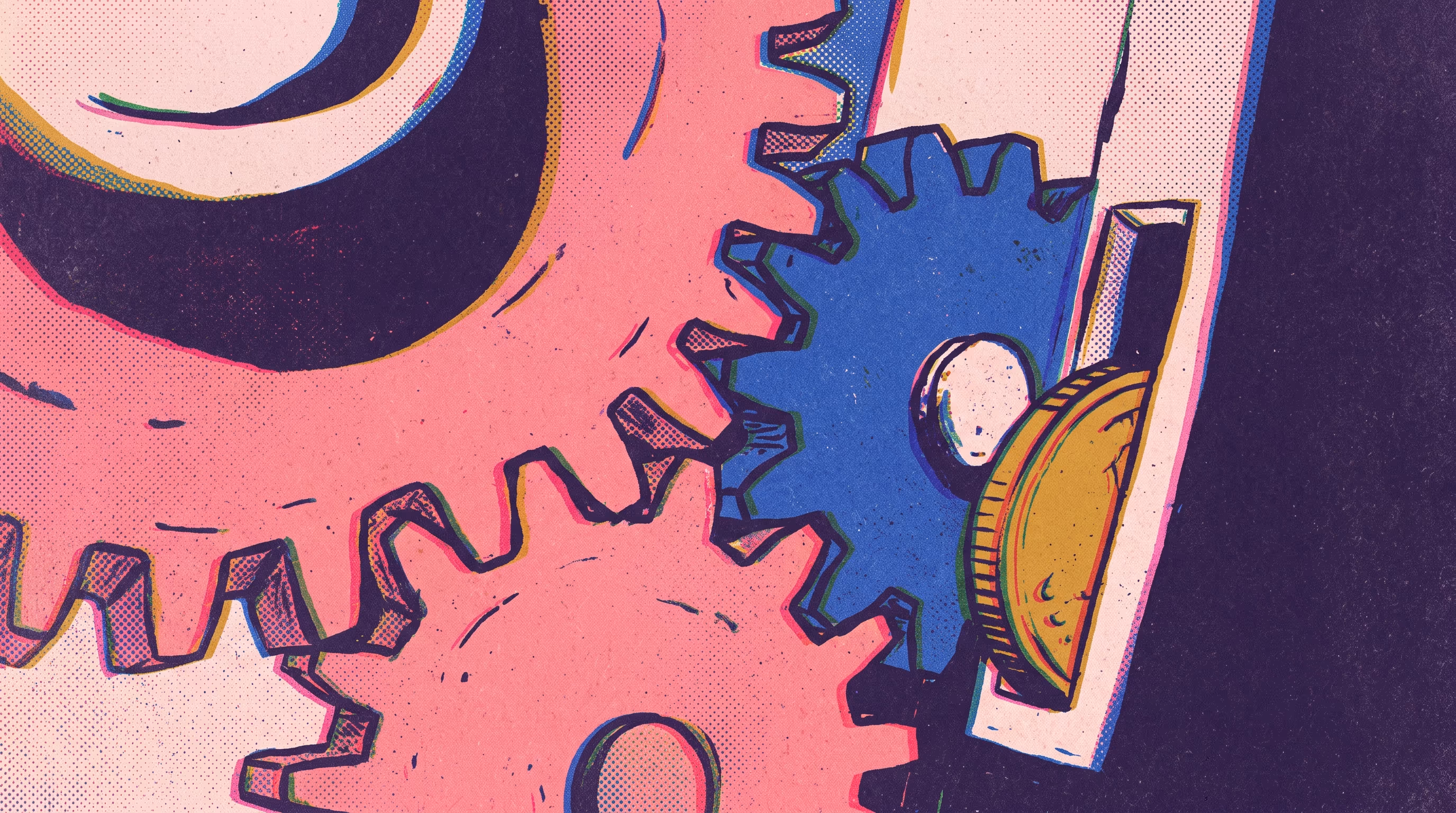 Two interlocking gears in pink and cobalt with halftone grain, meshing to push a single gold coin into a slot.