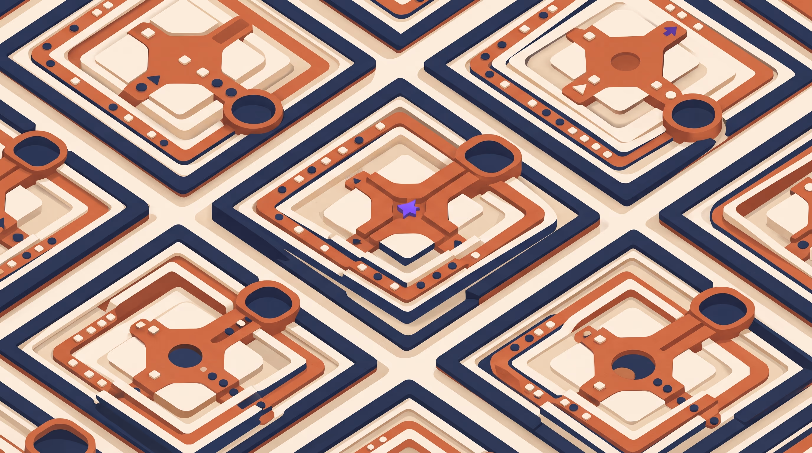 Overhead repeating pattern of layered channel tiles in cream, terracotta and indigo, tokens routed toward dark collection wells, one purple accent shape.