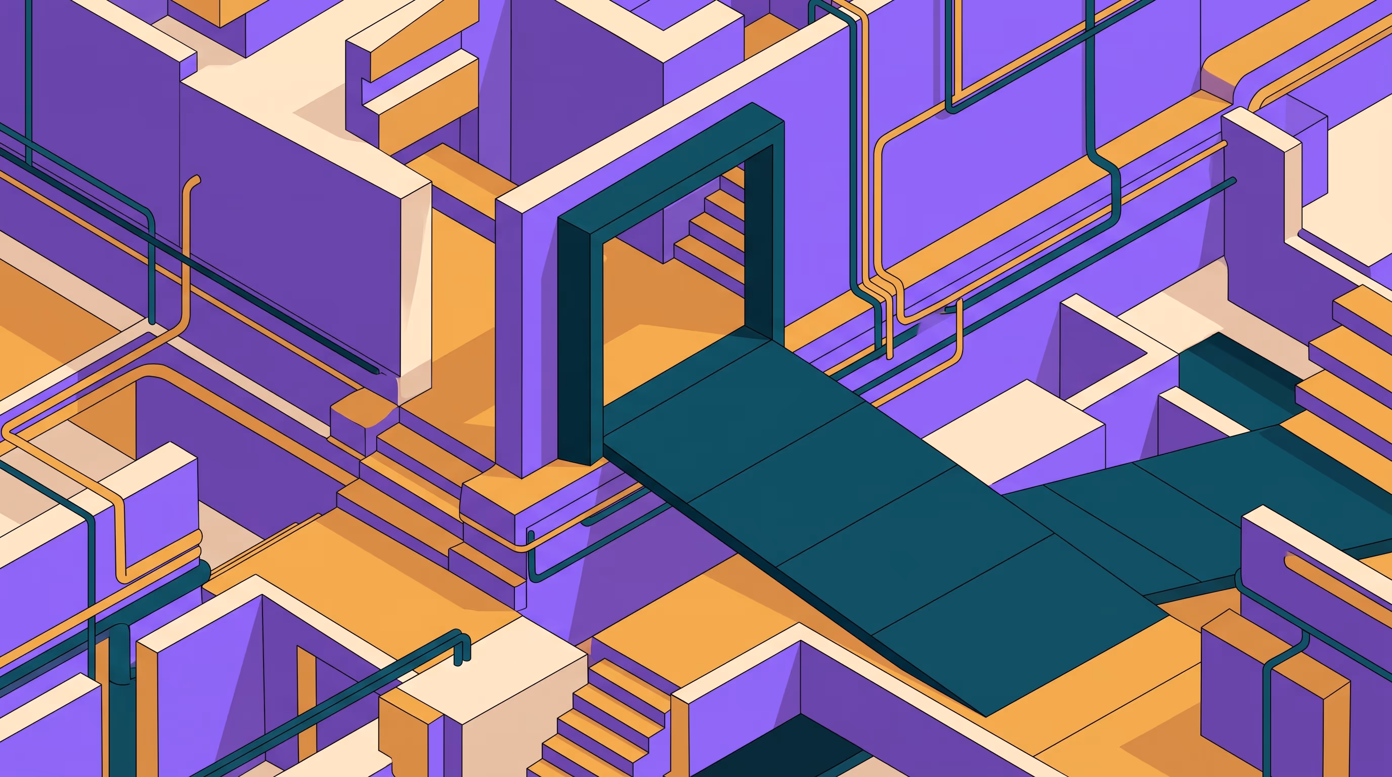 Isometric architectural scene with a wide teal doorway opening onto a broad ramp beside narrow staircases, representing barrier-free entry versus stepped access.