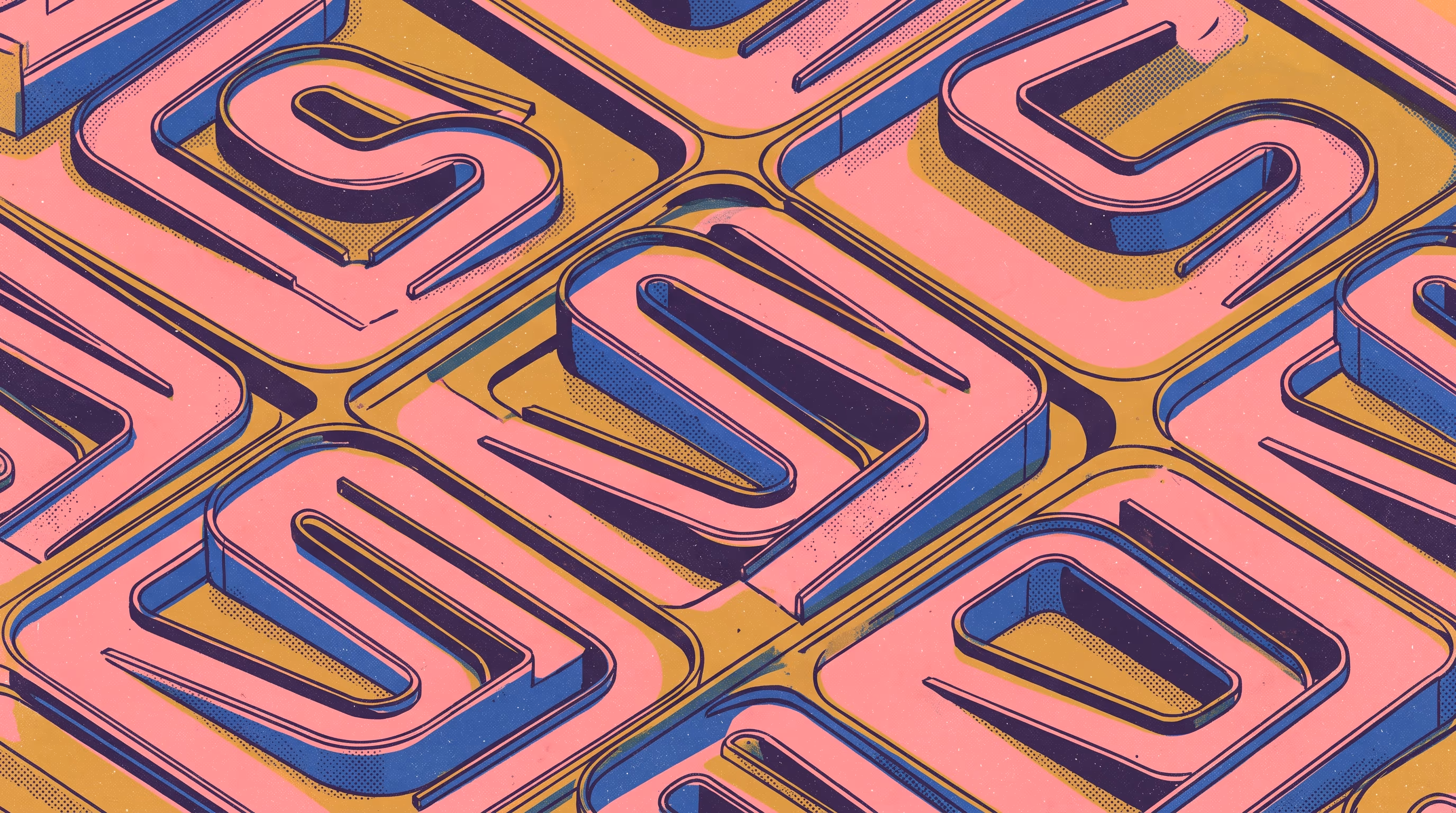 Risograph-style repeating grid of winding ramp and pathway forms in pink, cobalt, and mustard, representing multiple barrier-free routes through a building.
