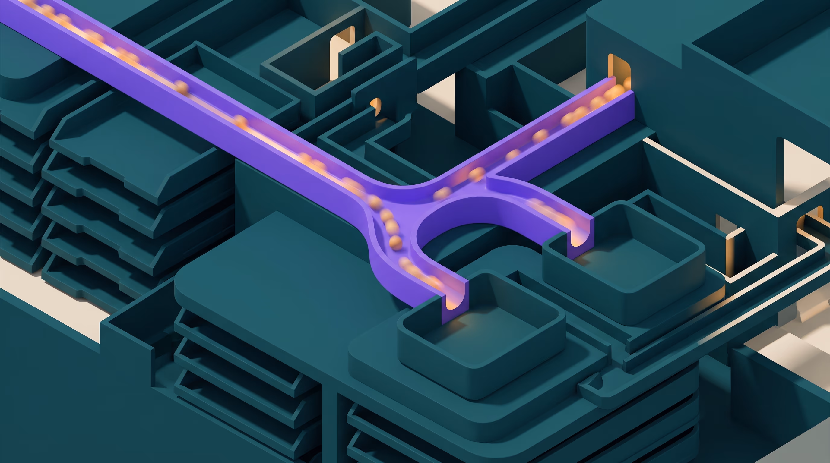 Isometric teal channel splitting a glowing flow of value into two separate category bins, representing income sorted into bookkeeping accounts.