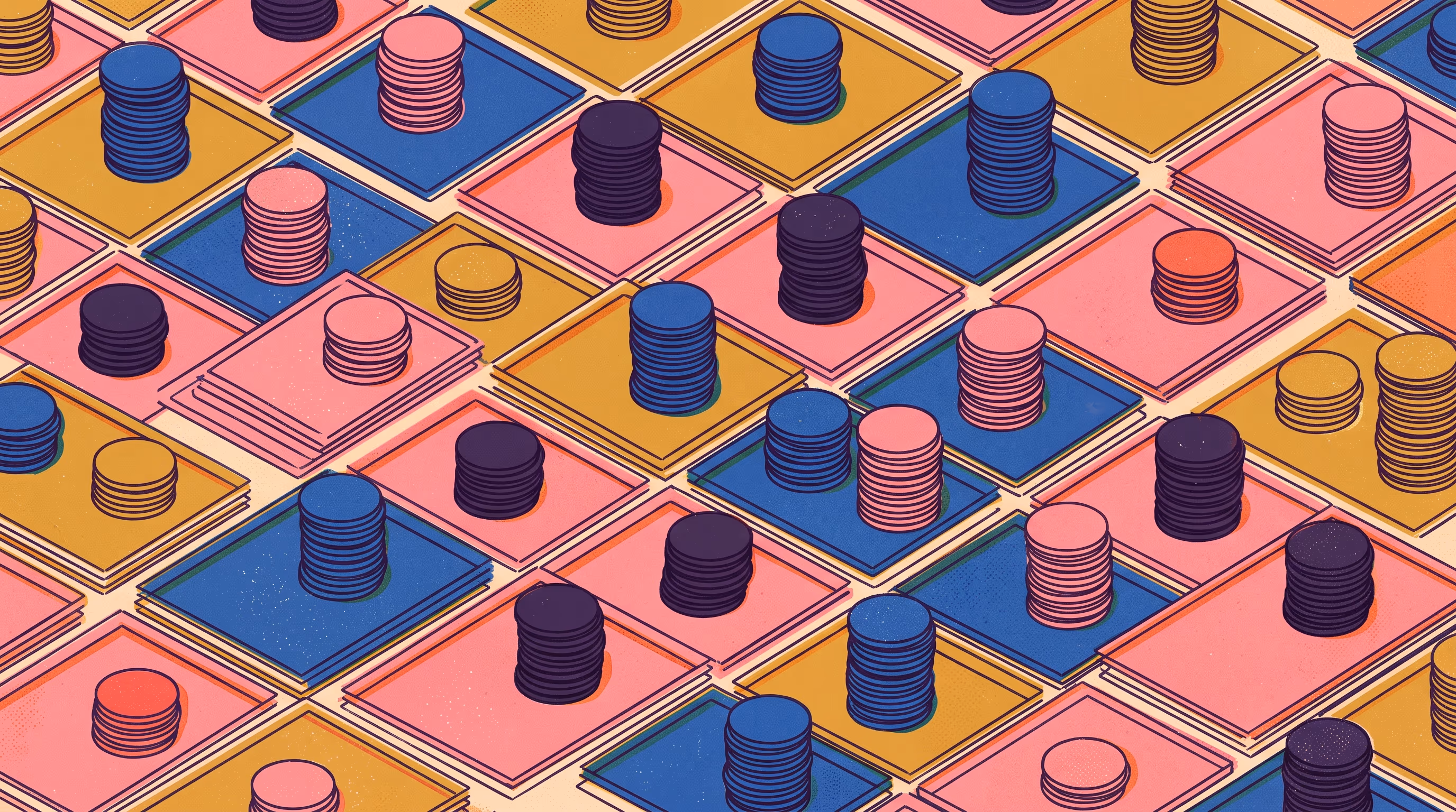 Overhead risograph grid of ledger cells with sorted coin stacks in orderly rows across colored category tiles, representing a monthly bookkeeping ledger seen from above.