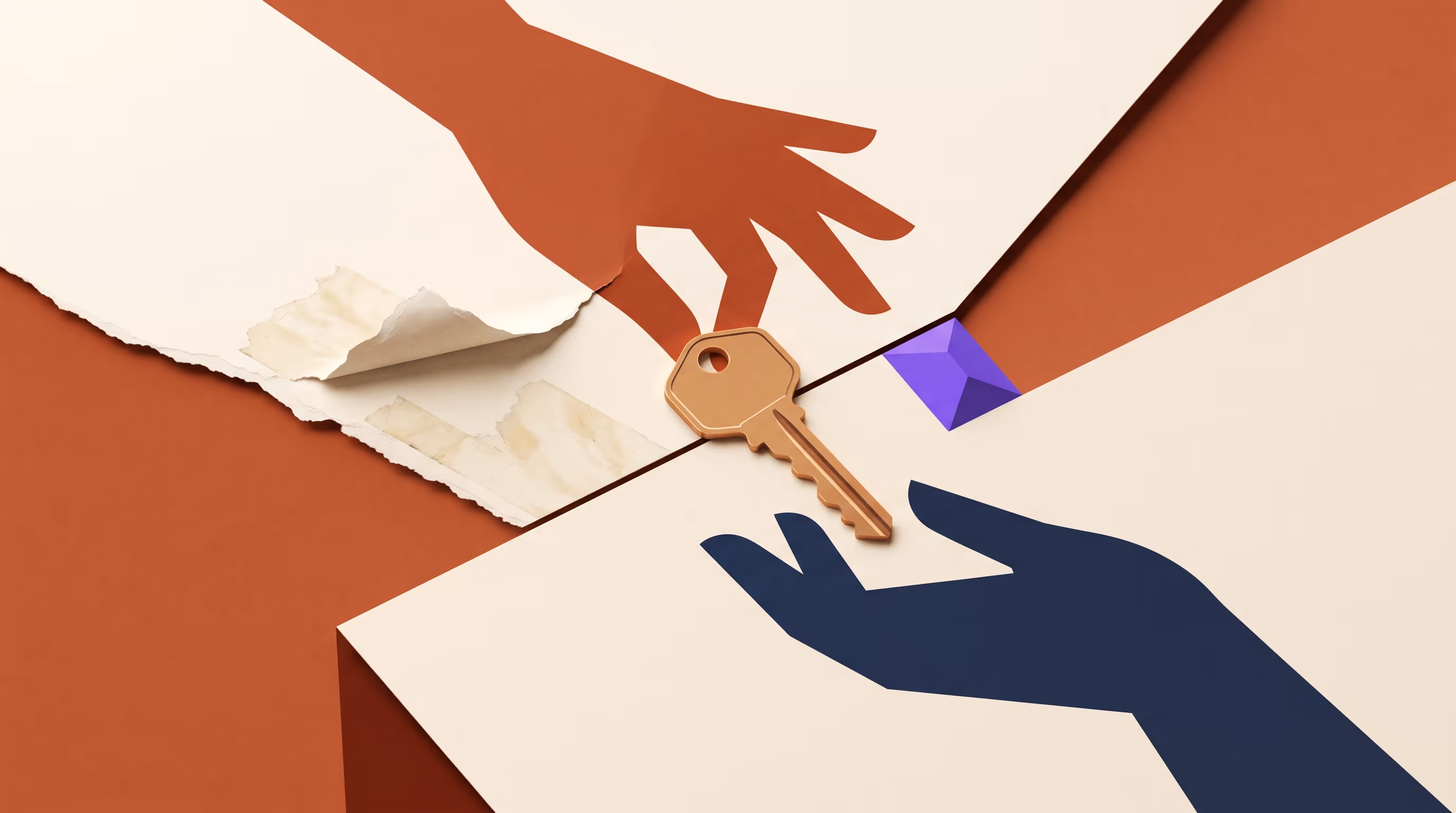 Two flat cutout hands passing a single brass key across a torn paper seam, editorial collage in cream, terracotta, and deep indigo with a small purple accent, representing the turnover key handoff between host and cleaner.