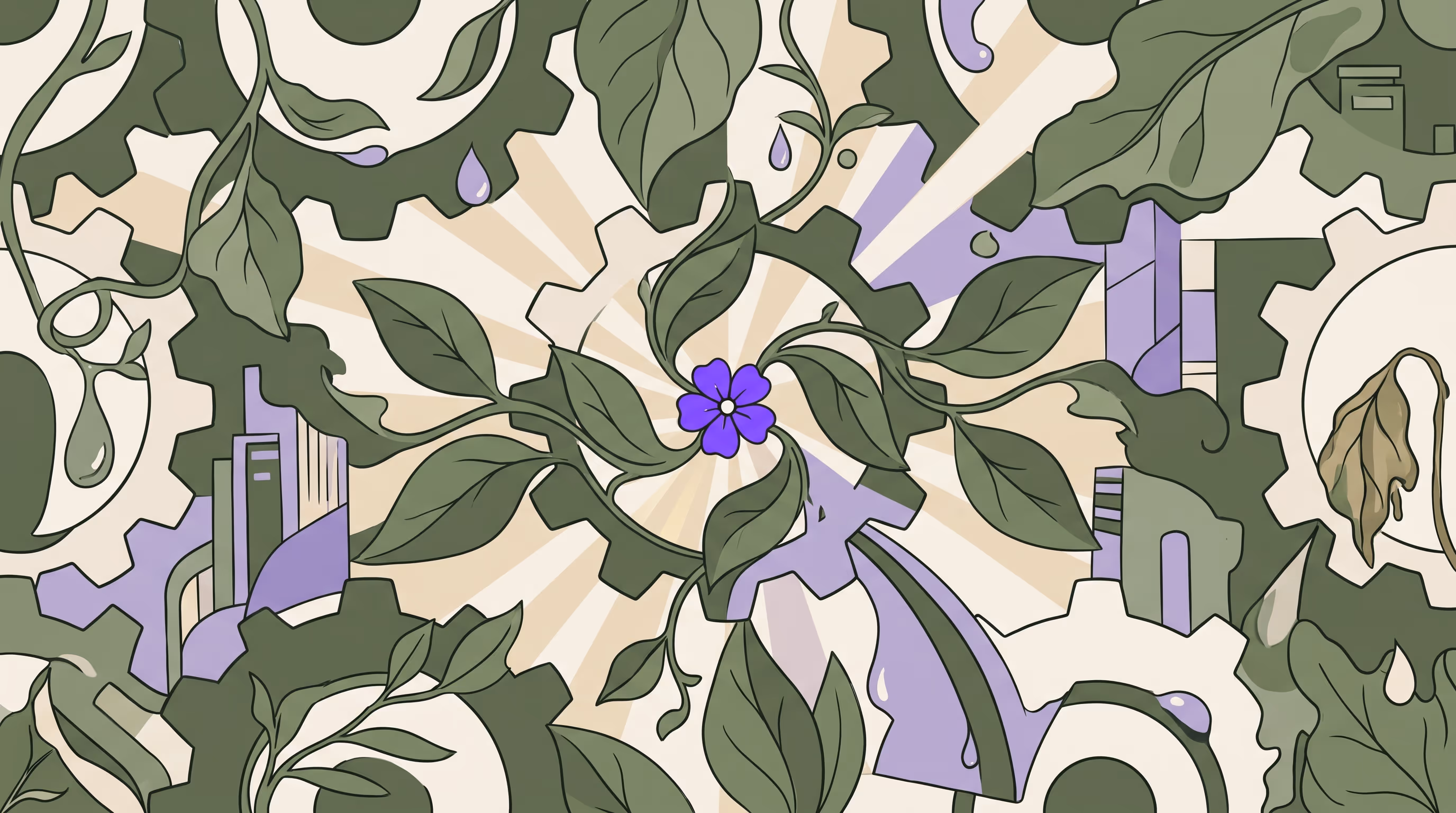 Illustrated leaves and vines interwoven with gear shapes in a repeating pattern, sage and lavender with a single bright purple bloom at center, representing a recurring turnover schedule that runs on its own.