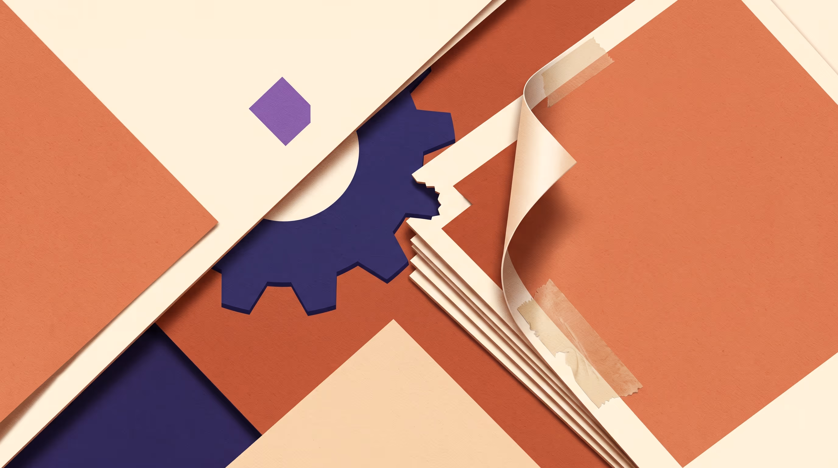 Layered cream and terracotta paper panels with a deep indigo gear tooth meshing into a notched stack of prints, one corner peeling with dried tape residue