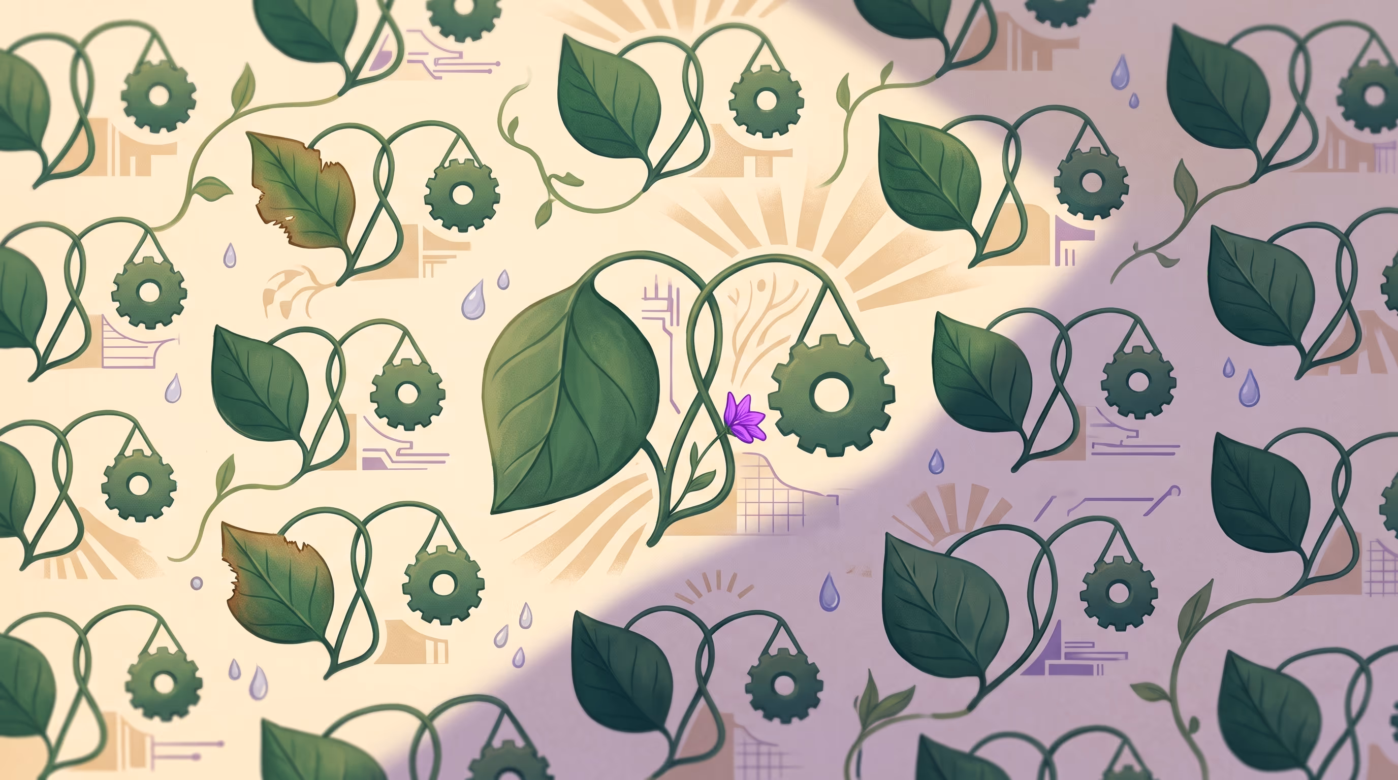 Overhead repeating pattern of sage leaves paired with small gears on curling stems, one central pair larger, a frayed browning leaf edge and a diagonal shadow crossing the field