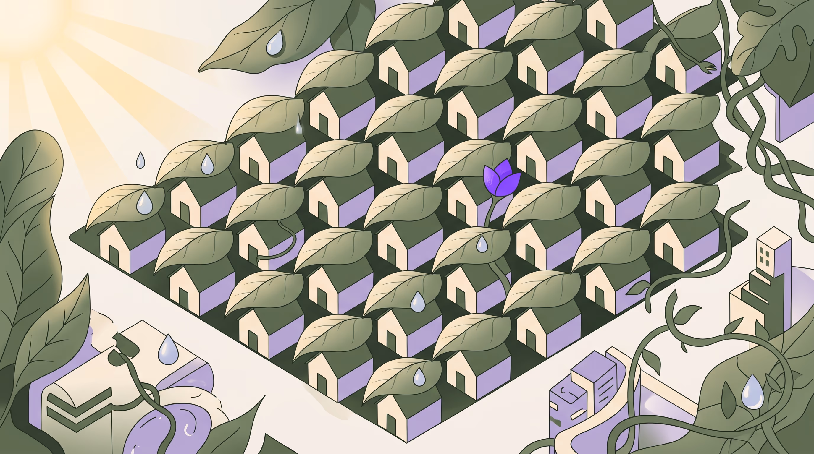 Overhead illustrated grid of small houses in sage and lavender, each sheltered under a large protective leaf, with sun rays, water droplets, and a single bright purple bloom.