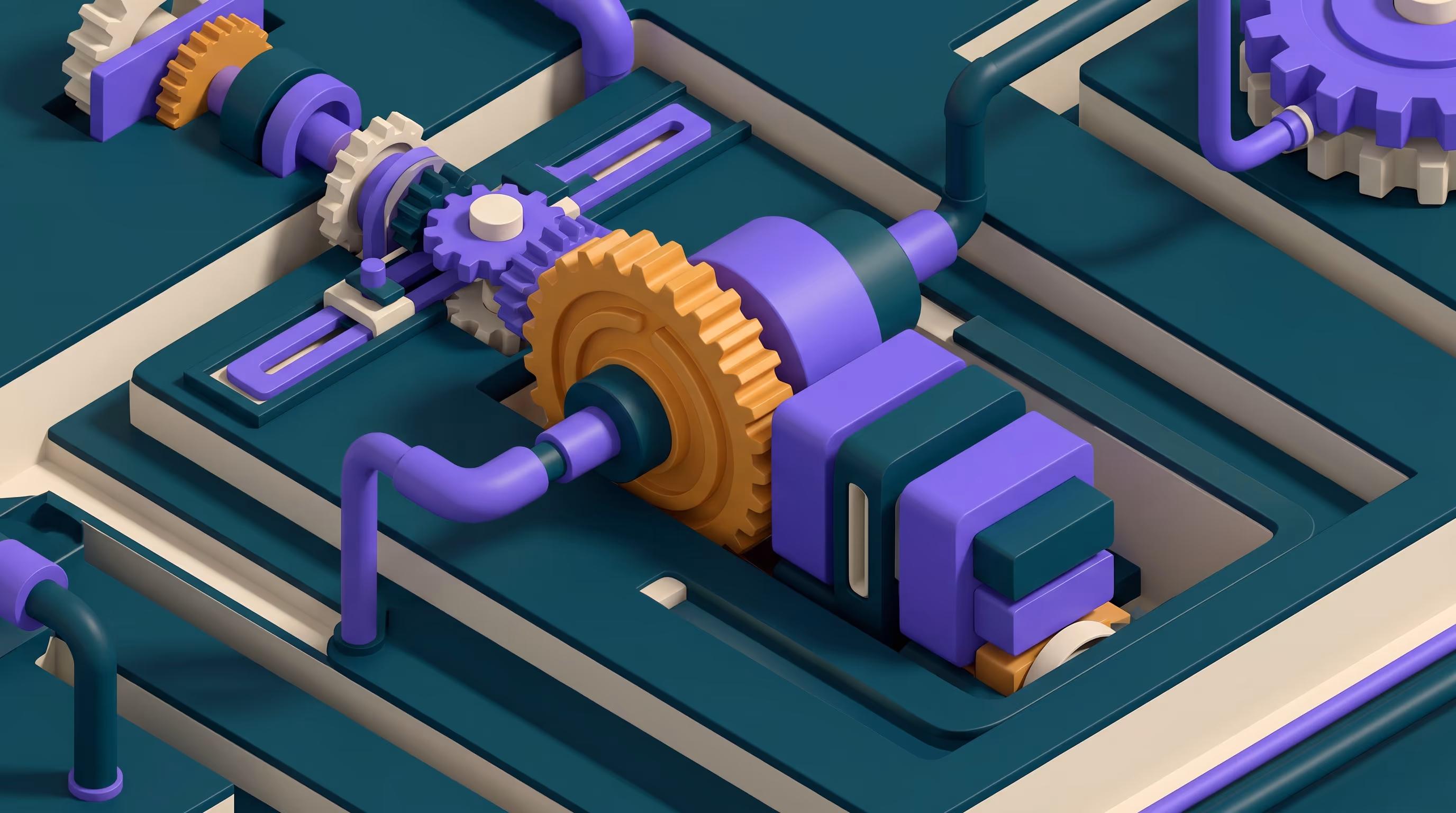 Isometric machinery in teal and purple with an amber central gear driving smaller cogs through connected corridors, representing a sequenced reset routine between guests.